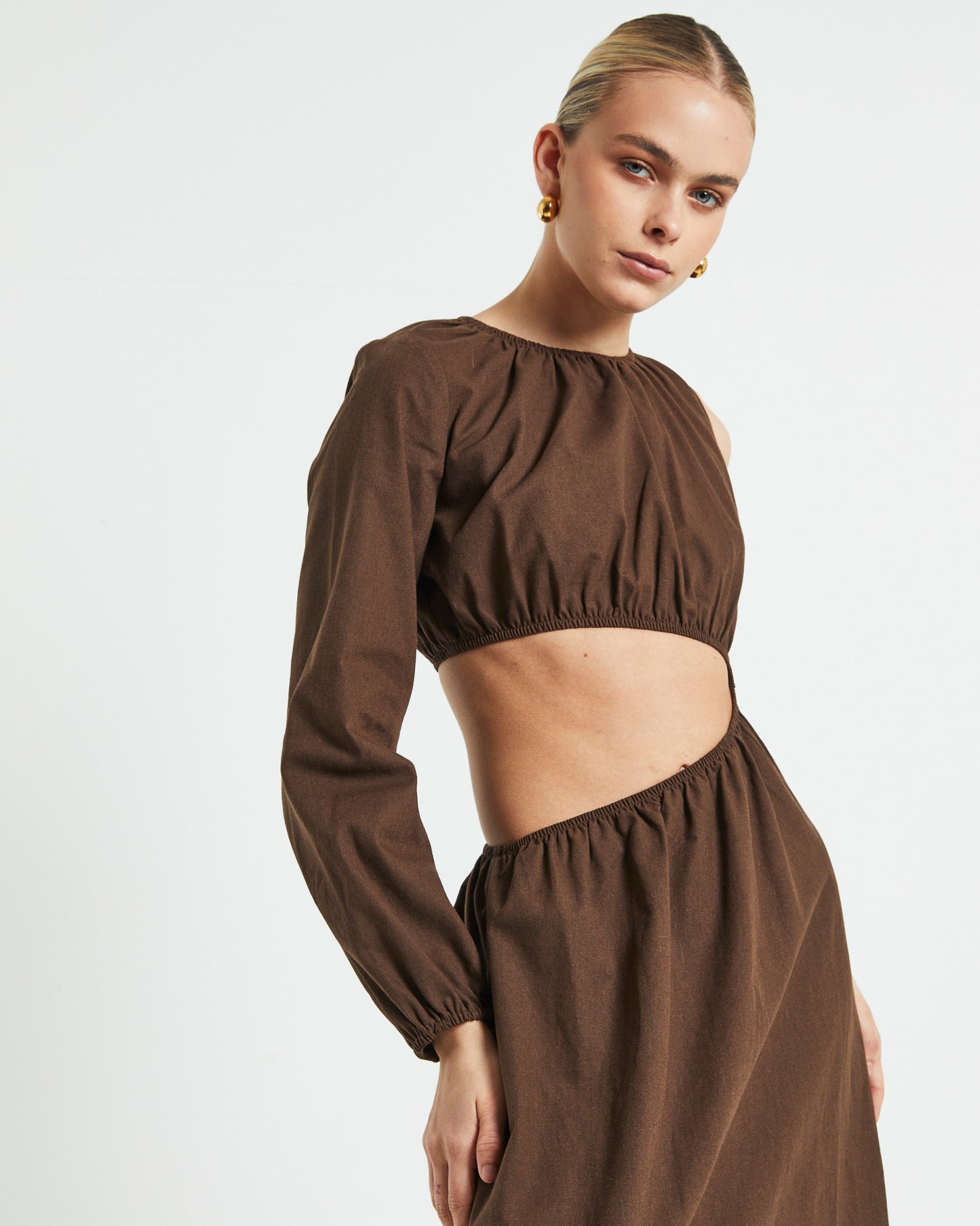 Isobel One Shoulder Cut Out Midi Dress in Chocolate