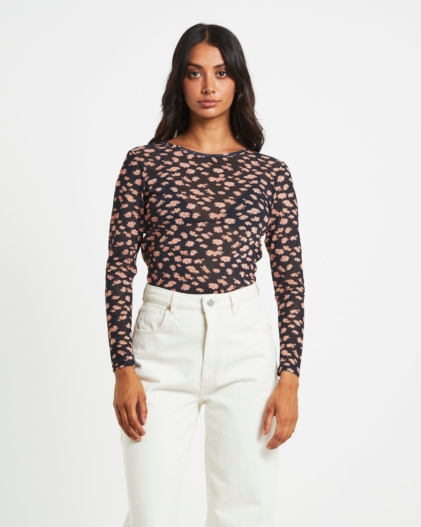Hazey Recycled Sheer Long Sleeve Top in Black Floral