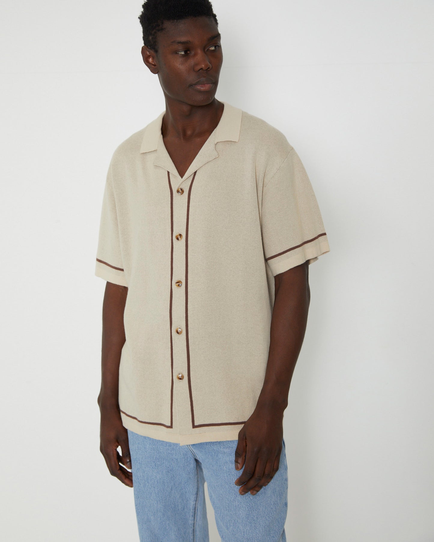 Knit Bowling Short Sleeve Shirt in Natural