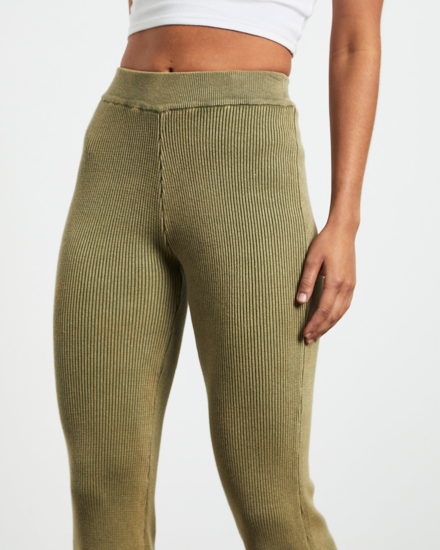 Angelique Acid Wash Rib Soft Flare Pant in Khaki