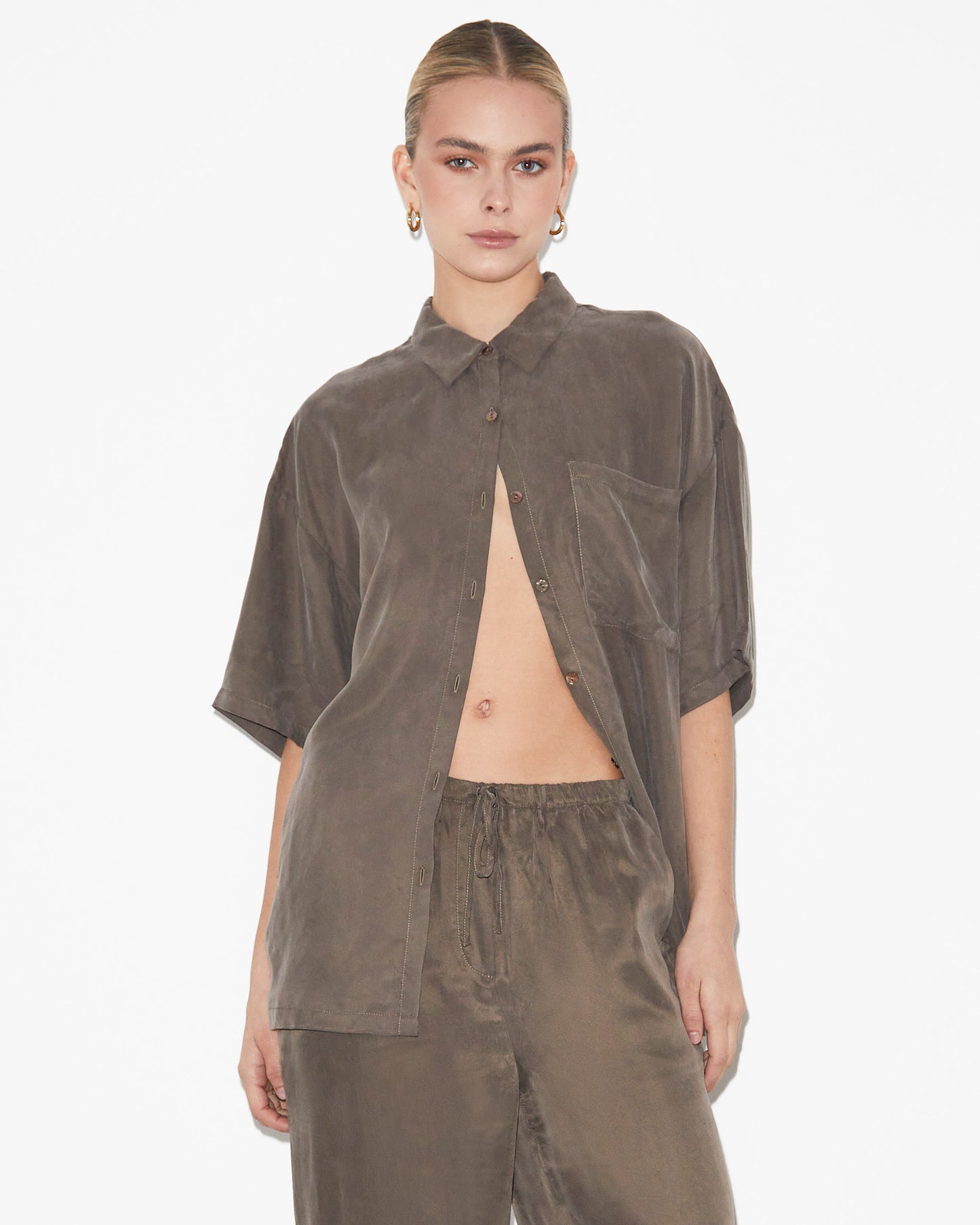 Ember Silky PJ Short Sleeve Shirt in Coffee Brown