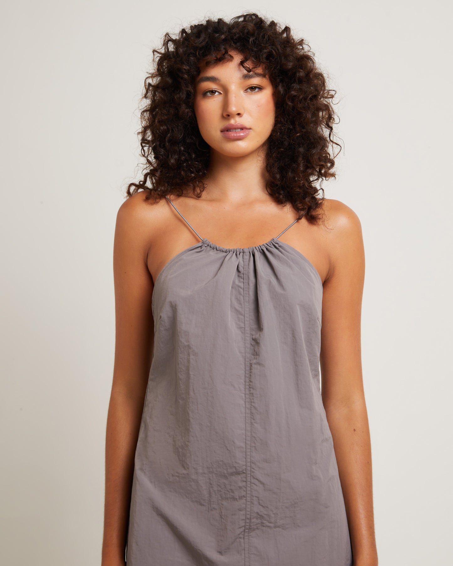 Tech Halter Neck Mini Dress in Peat
