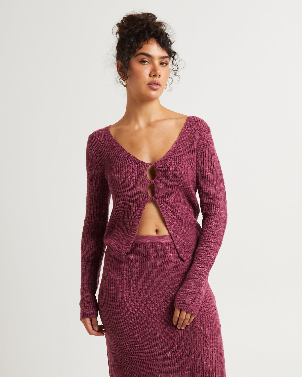 Rumi Long Sleeve Boucle Knit Top BERRY