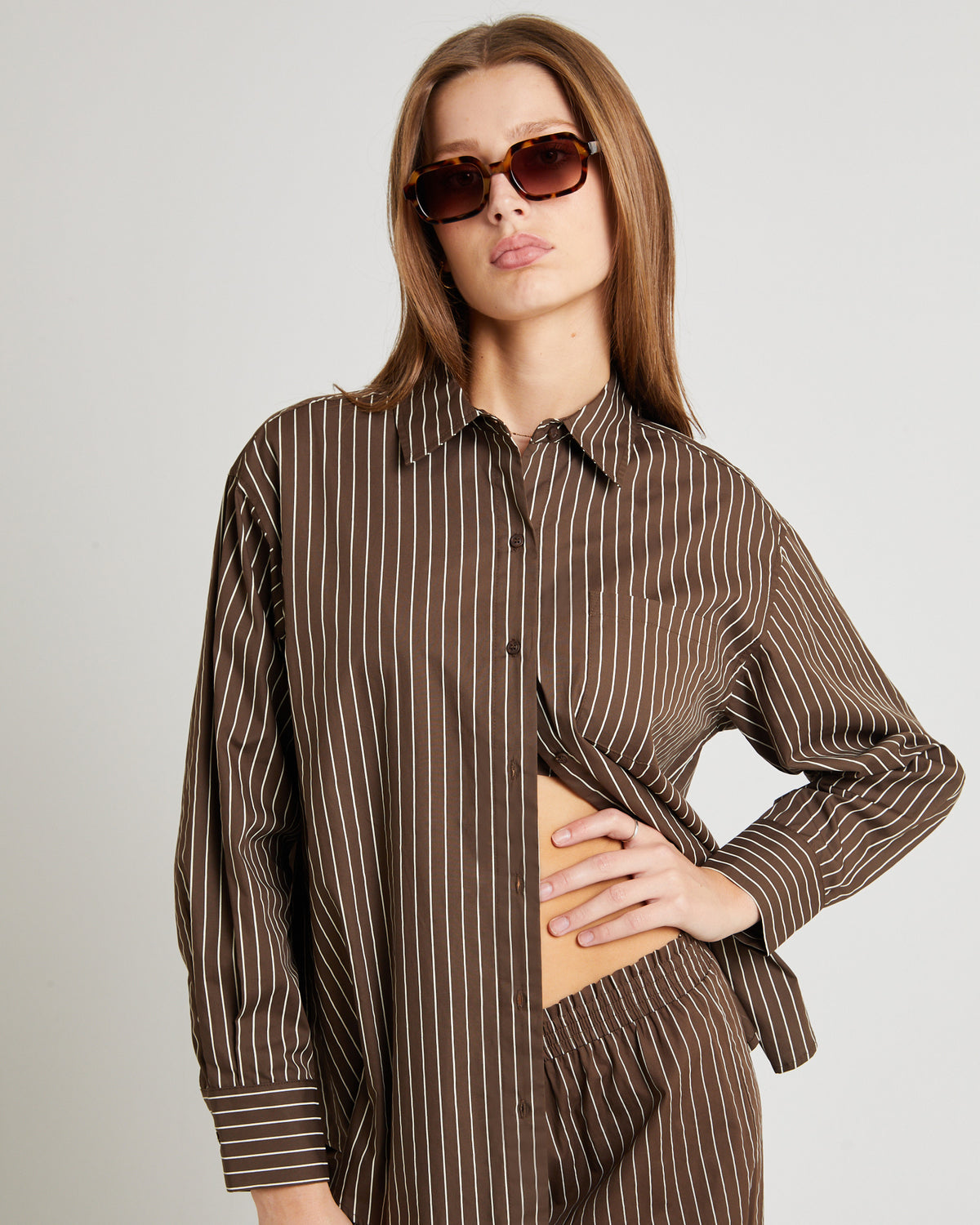 Poppy Poplin Long Sleeve Shirt BROWN/WHITE STRIPE
