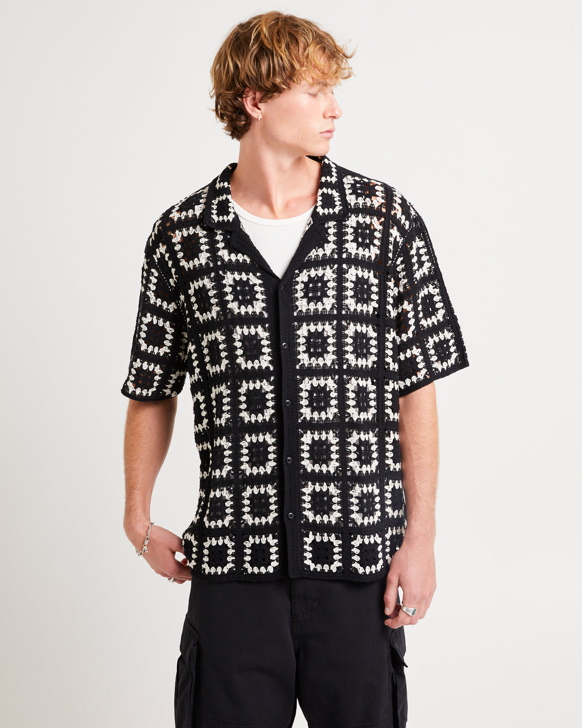 Crochet Short Sleeves Shirt BLACK