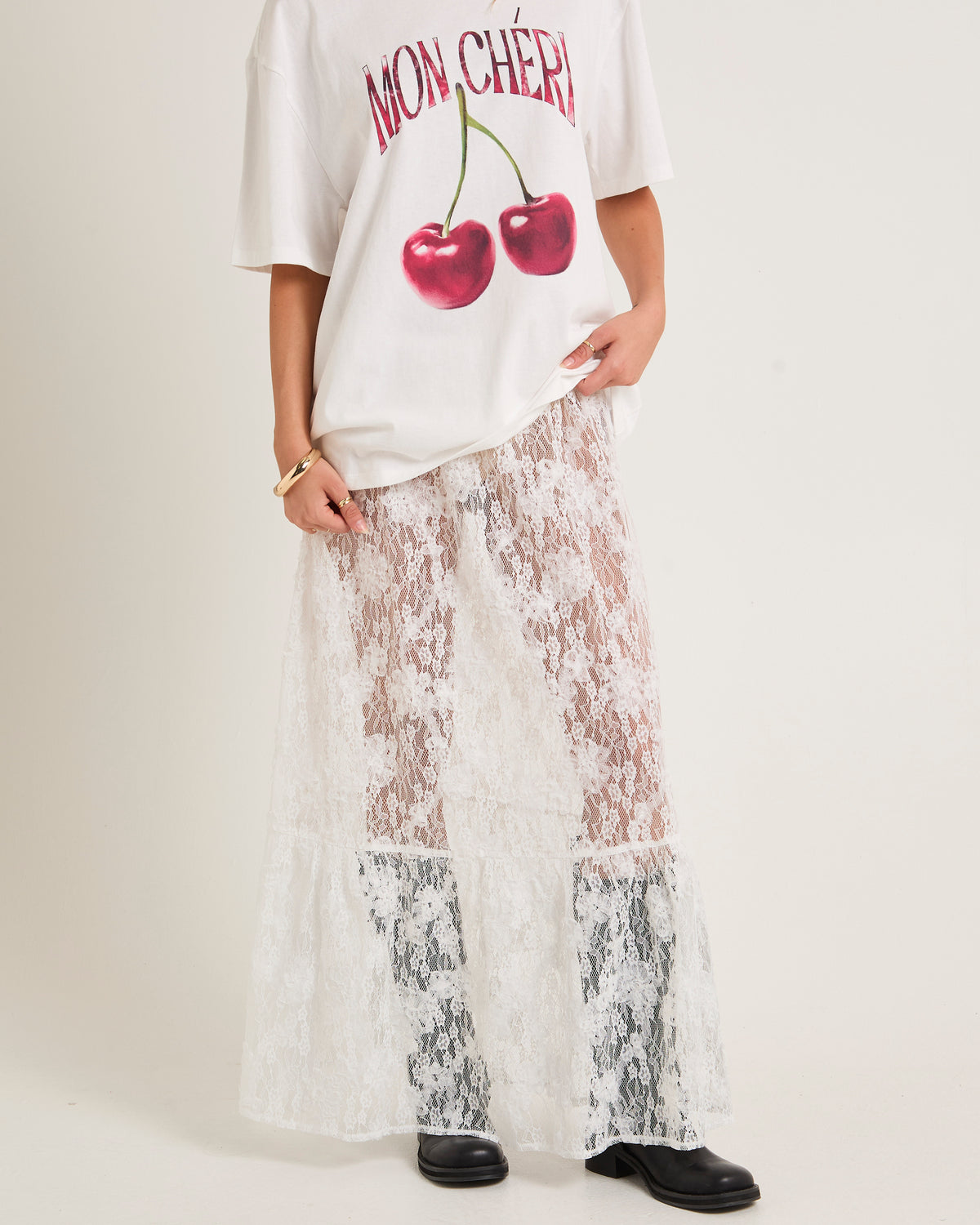 Imani Lace Tiered Maxi Skirt WHITE