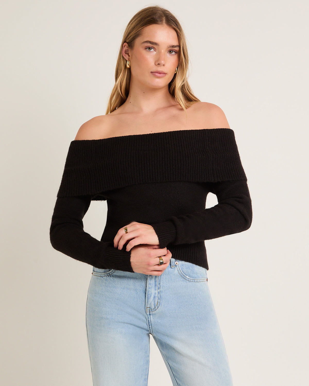 Milly Off Shoulder Knit Sweater BLACK
