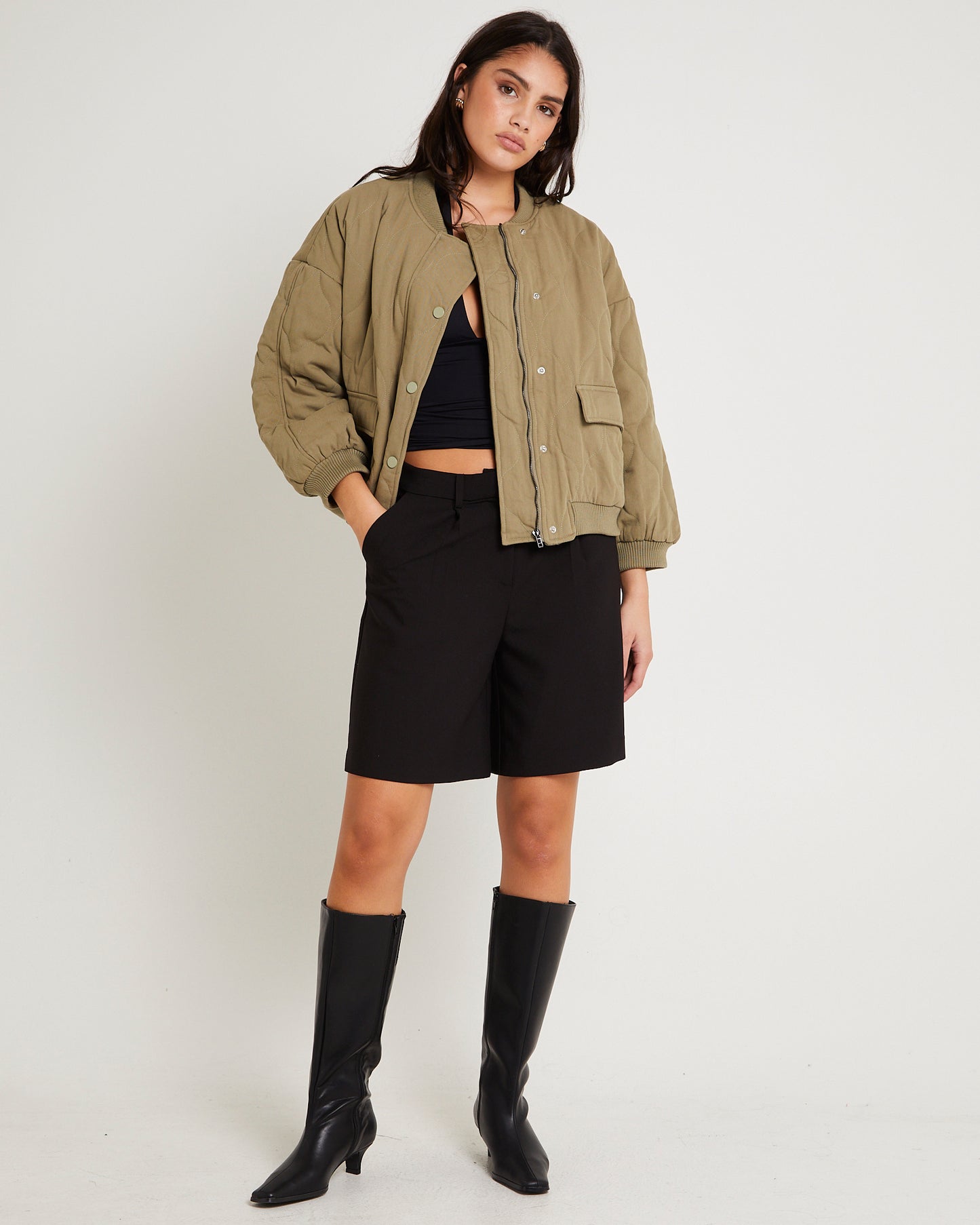 Quilt Detail Oversized Bomber Jacket