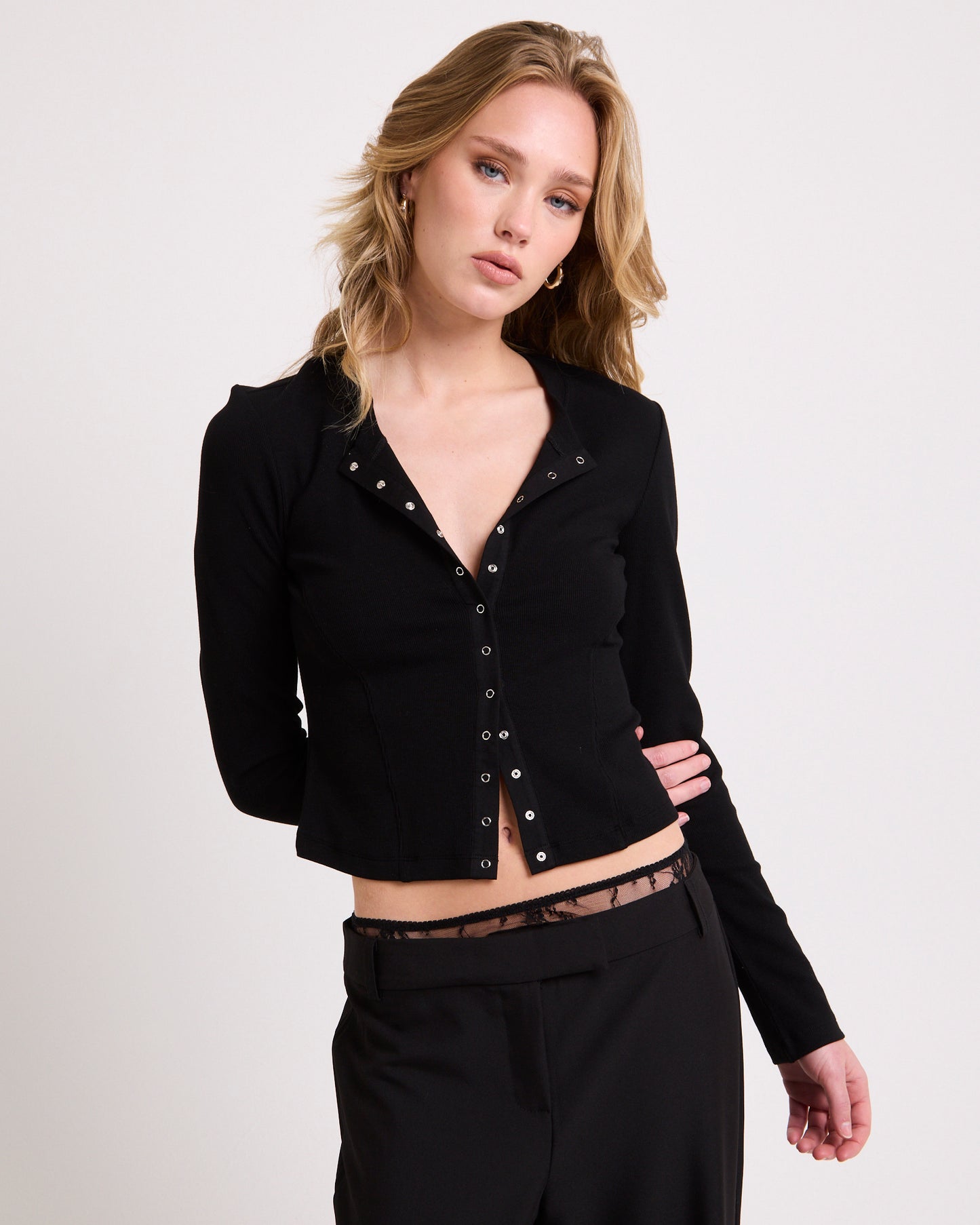 Rib Snap Front Long Sleeve Top