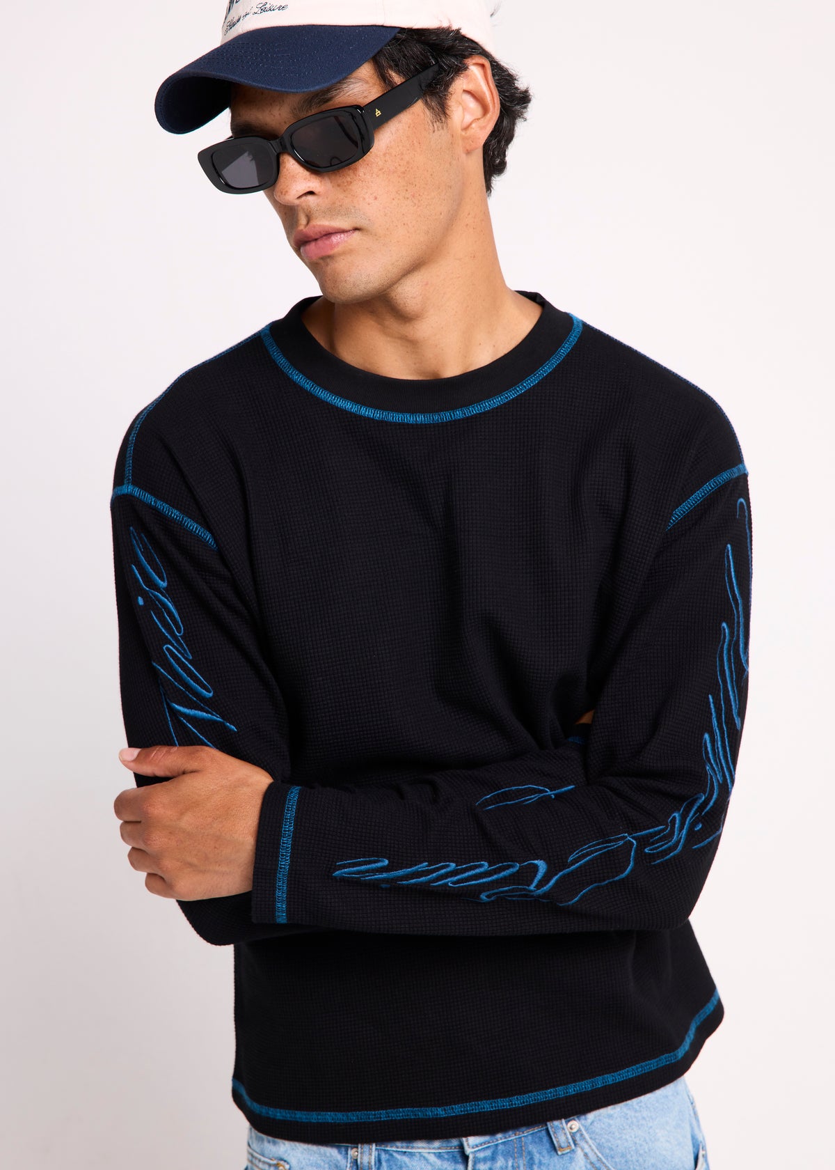 Script Long Sleeve Waffle Shirt BLACK