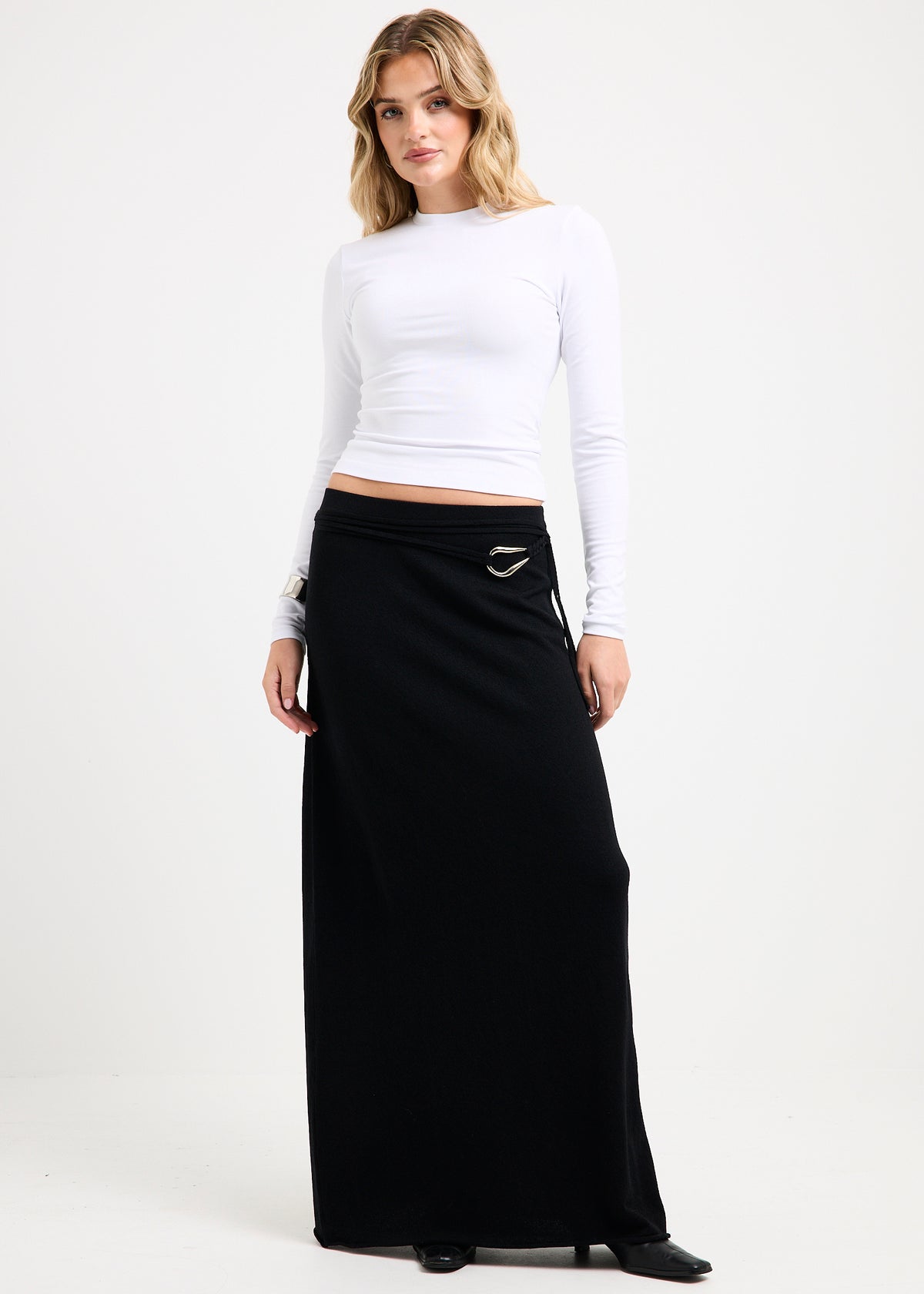 Imola Belted Knit Maxi Skirt OFF BLACK