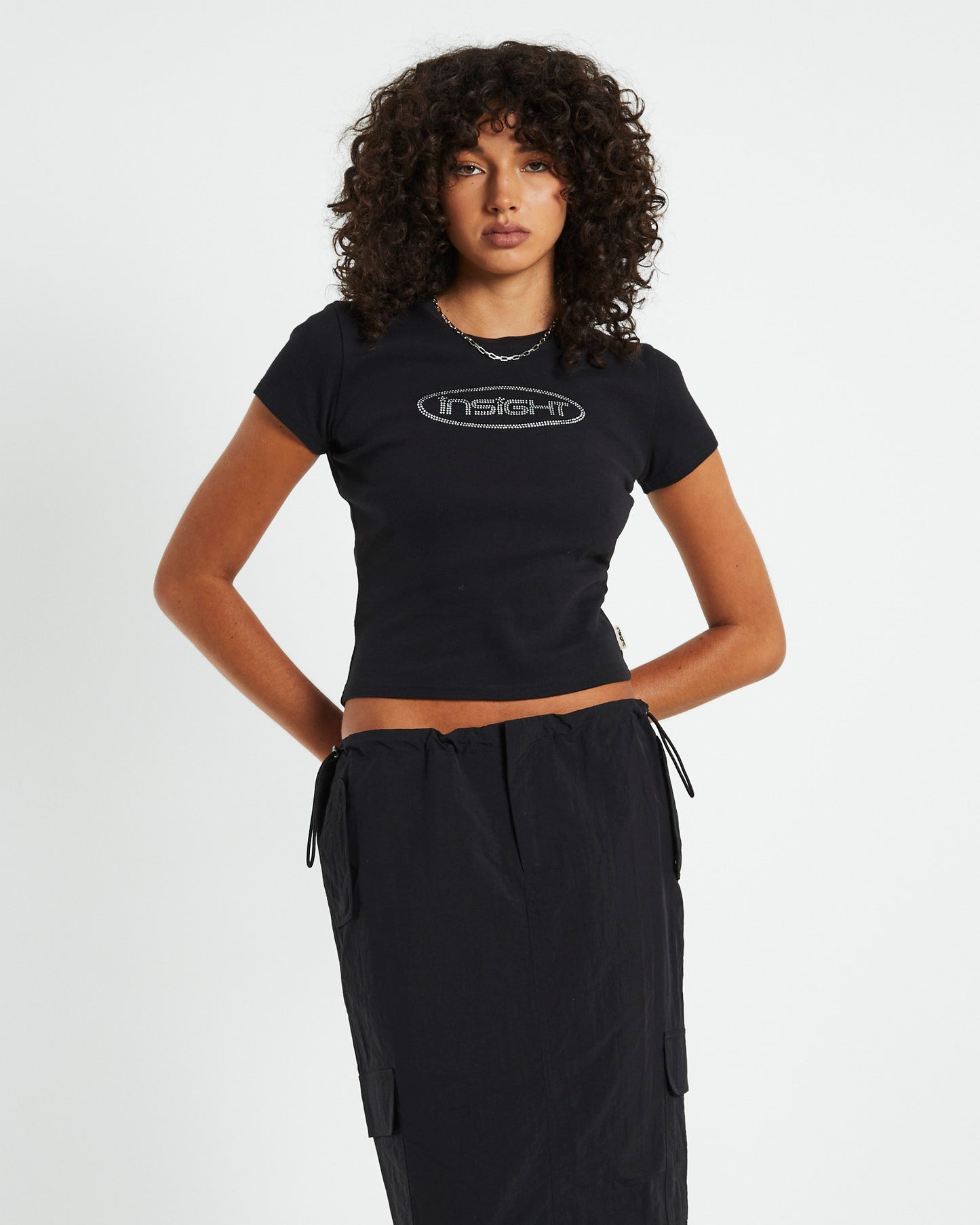 Longline Rhinestone Baby Tee Black