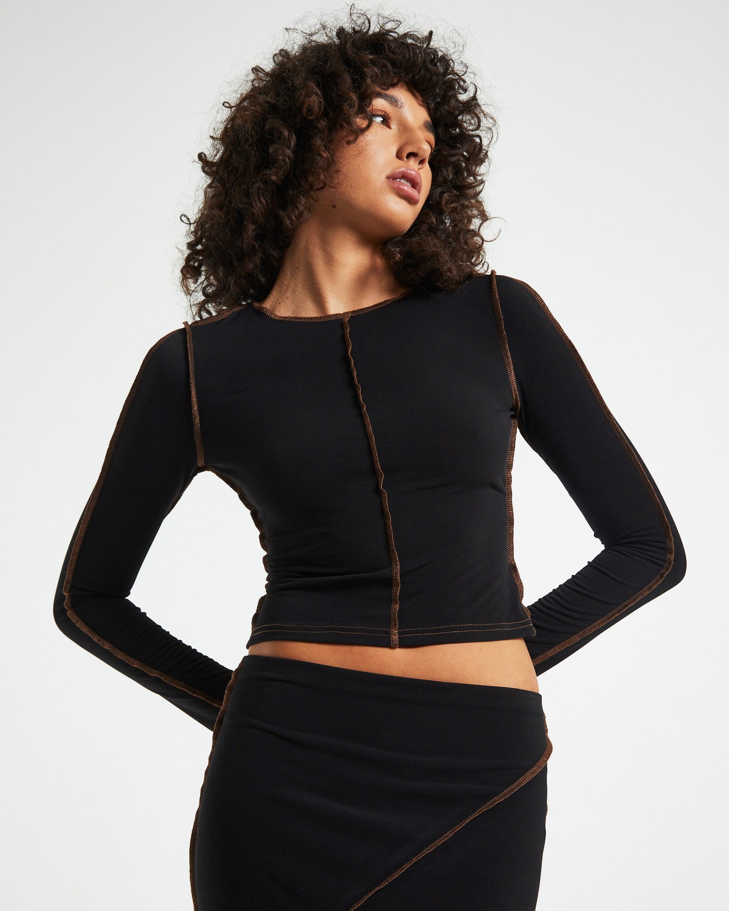 Amelie Slinky Contrast Long Sleeve Top Black