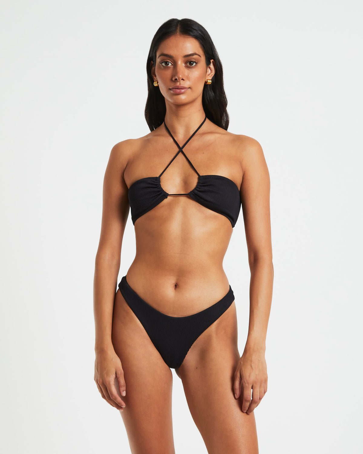 Rib Cross Front Bikini Top in Black BLACK