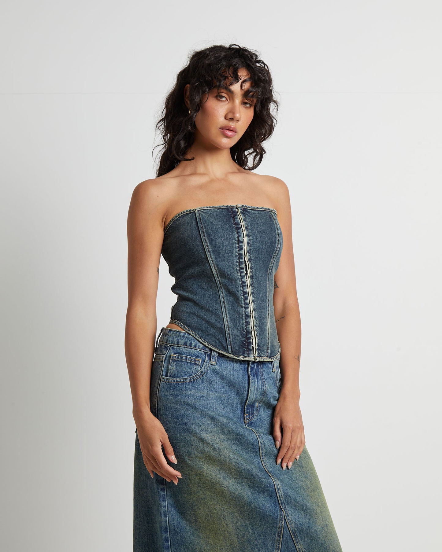 Taytum Hook + Eye Front Denim Corset in Vintage Tint