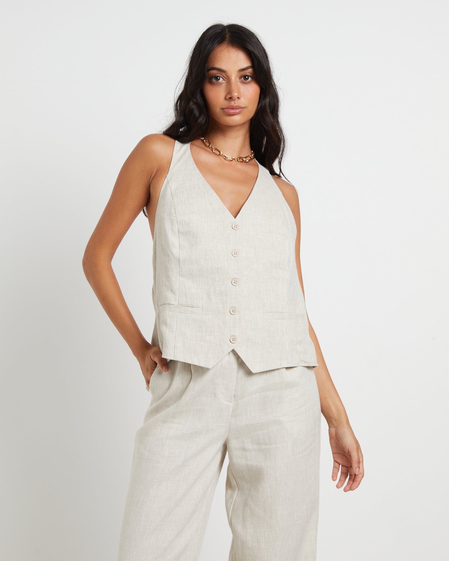 Naomi Linen Halter Vest in Oat Marle