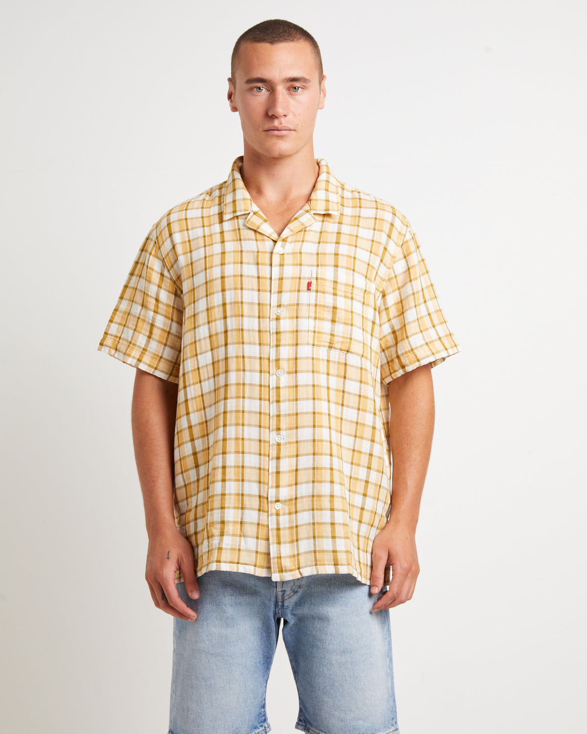 The Sunset Camp Short Sleeve Shirt in Bill Plaid Curry YELLOW
