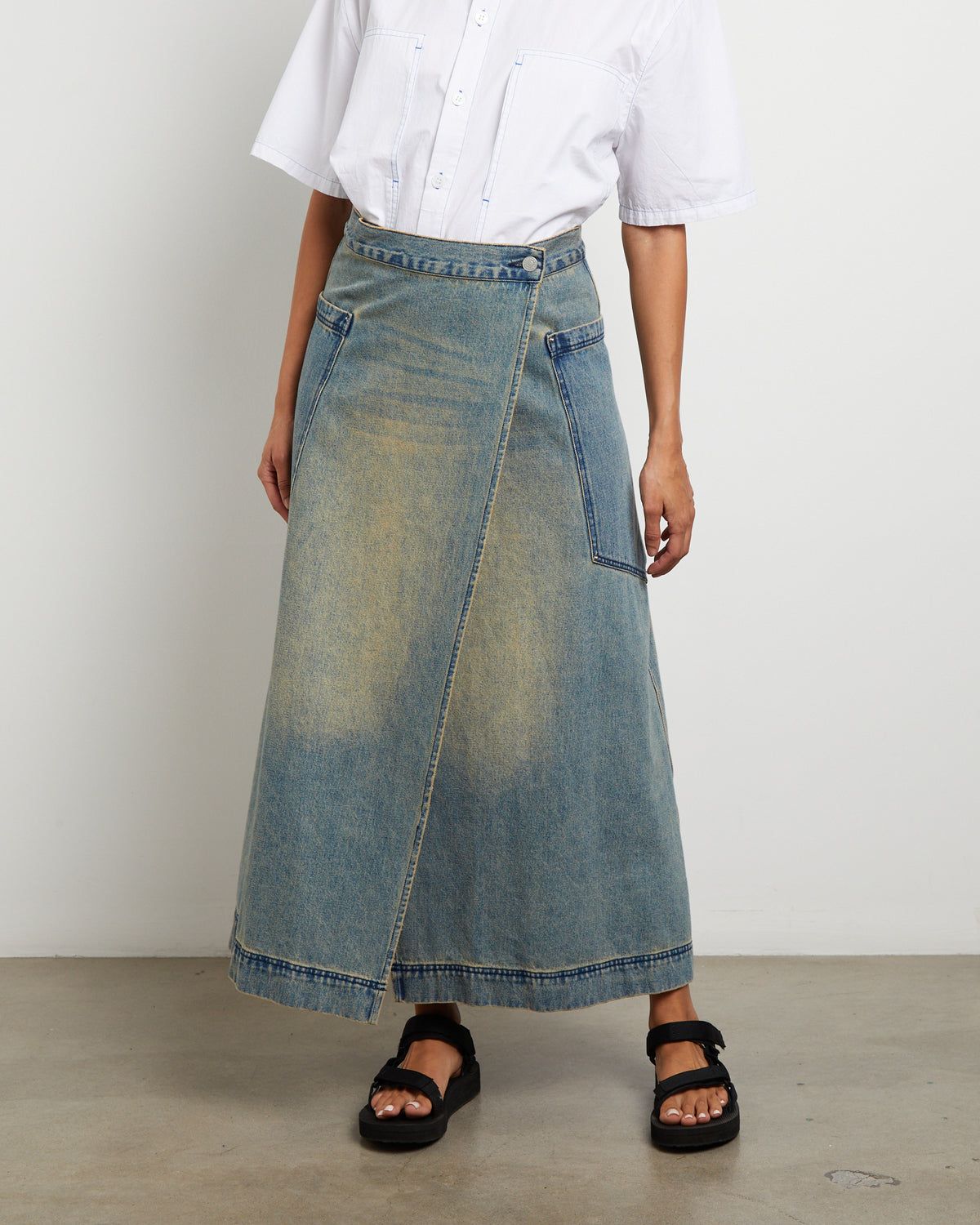 Wrap Denim Maxi Skirt in Dirty Wash DIRTY WASH