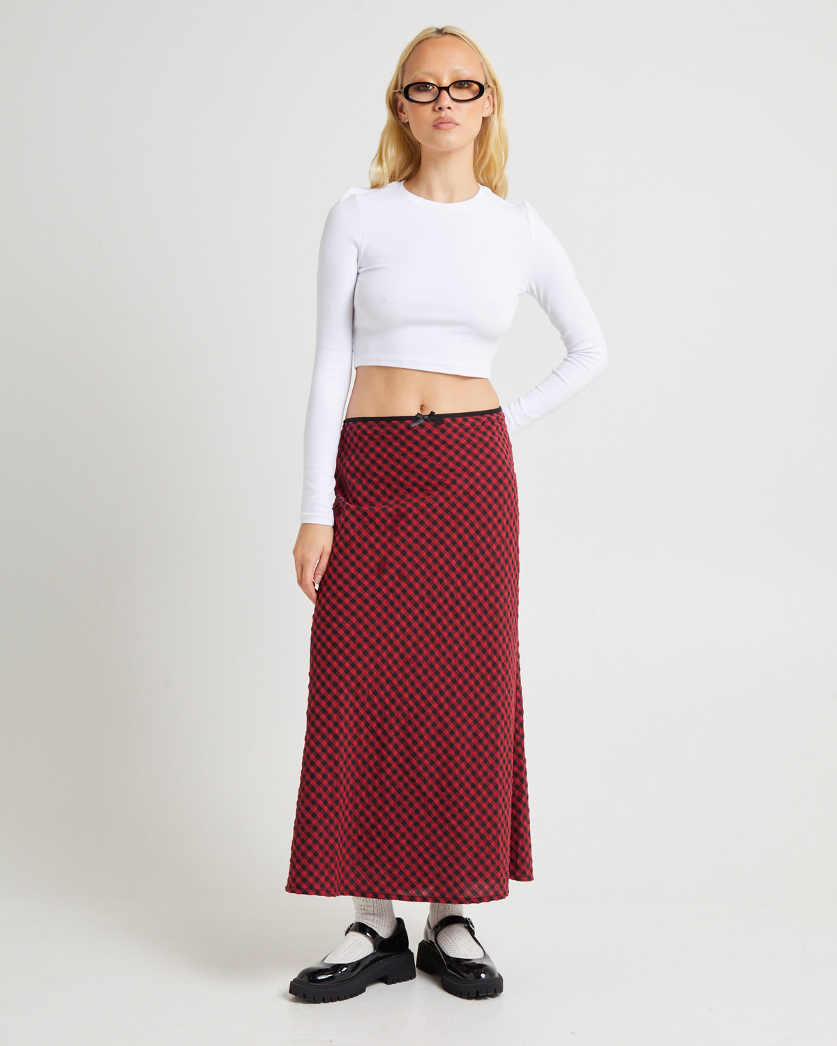 Grunge Plaid Midi Skirt RED