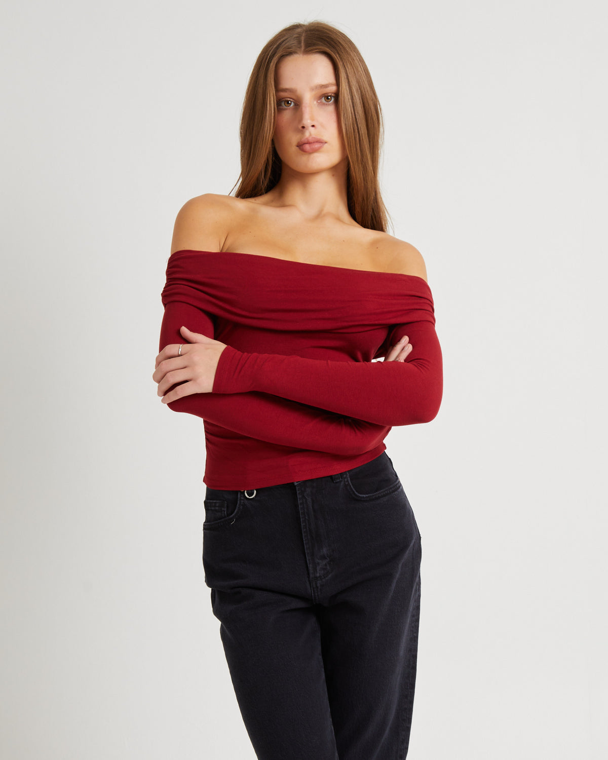 Kia Cold Shoulder Ruch Top CHERRY