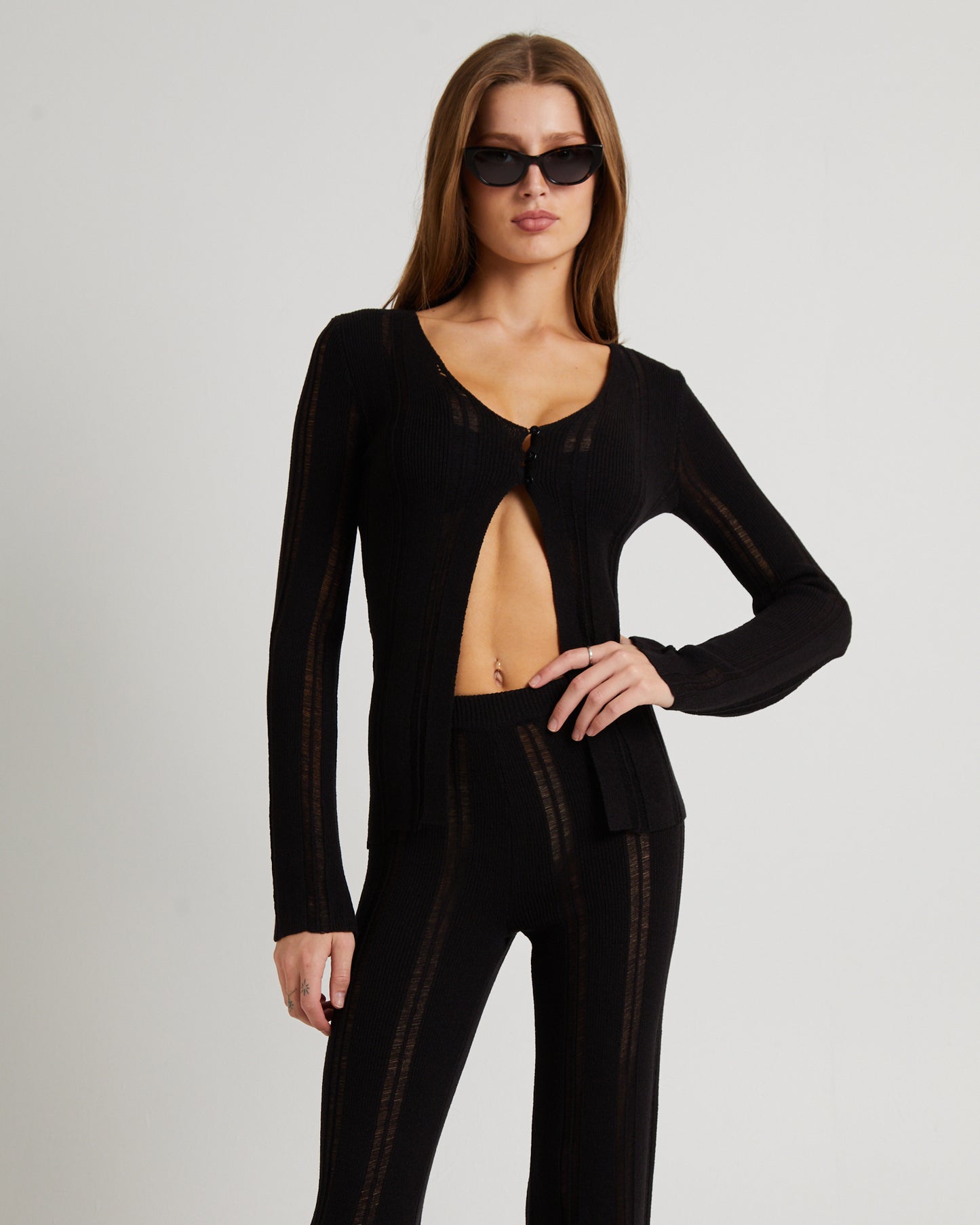 Ladder Knit Button Long Sleeve Top