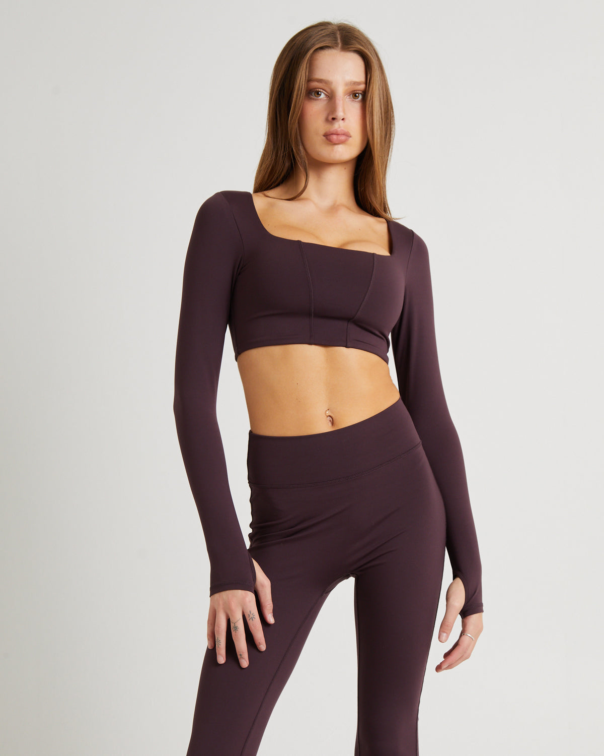 Square Neck Seam Long Sleeve Top BROWN