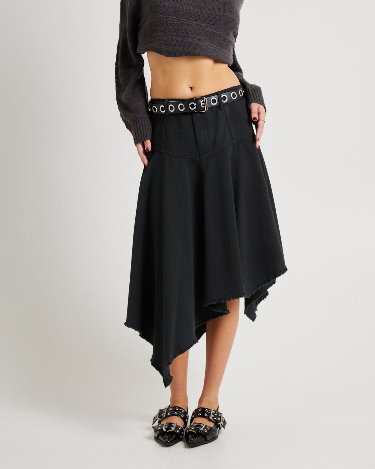 Lopez Handkerchief Hem Denim Skirt CHARCOAL