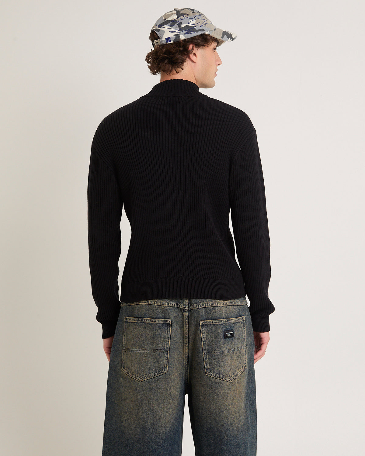 Funnel Neck Zip Through Knit Jumper BLACK