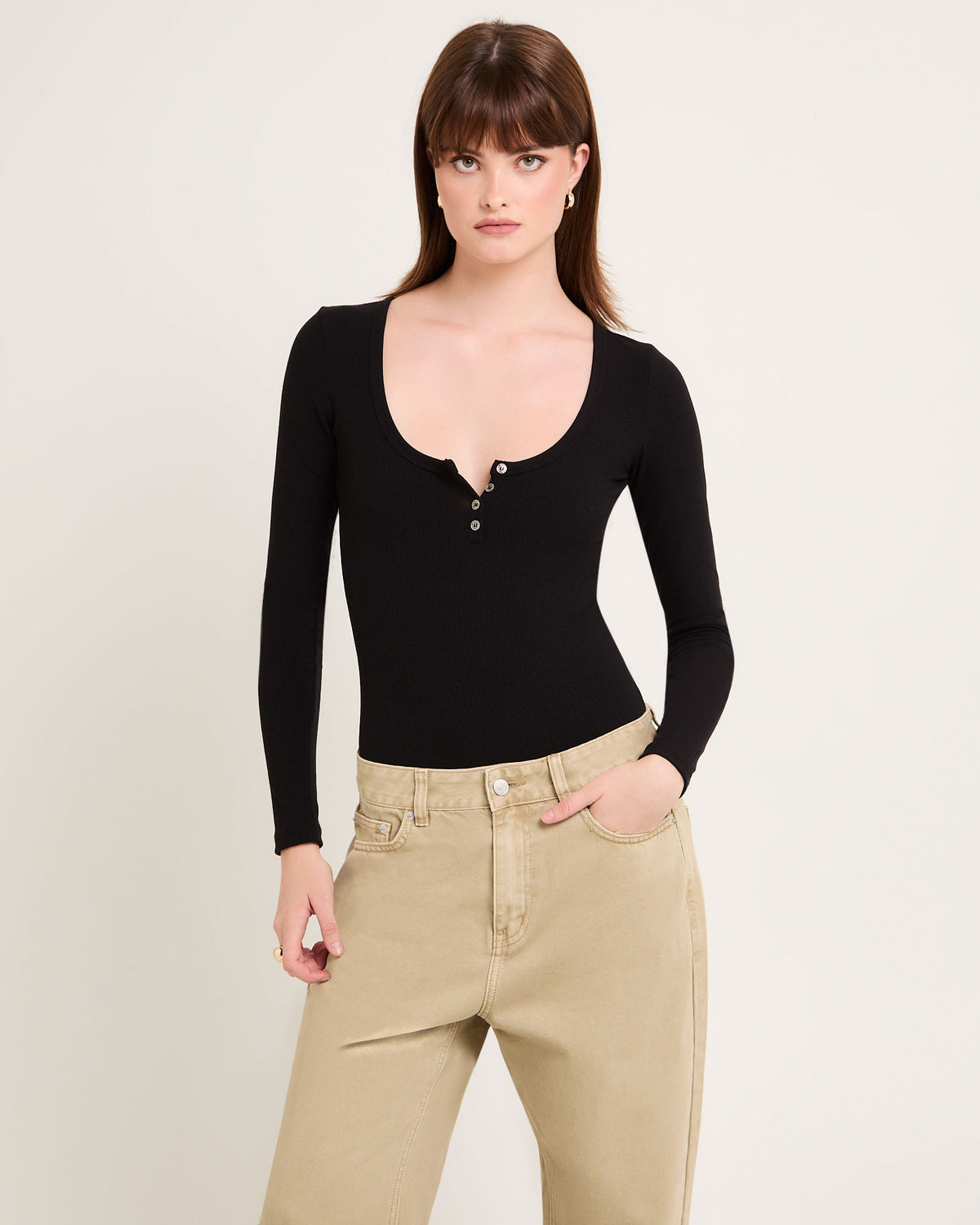 Soft Knit Rib Button Bodysuit BLACK