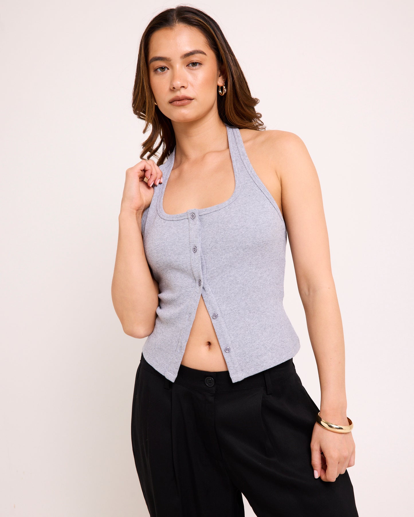 Saga Rib Button Halter Tank