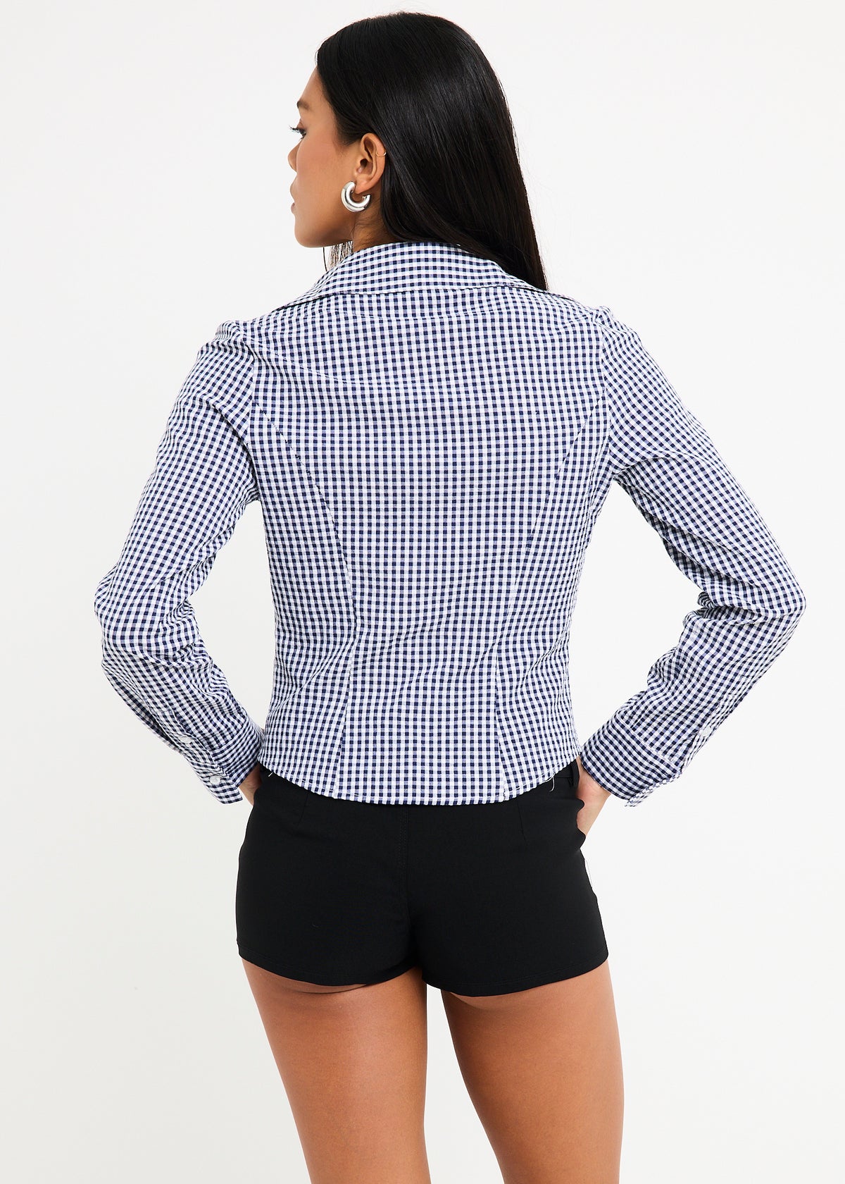 Isha Check Button Down Long Sleeve  Shirt NAVY CHECK