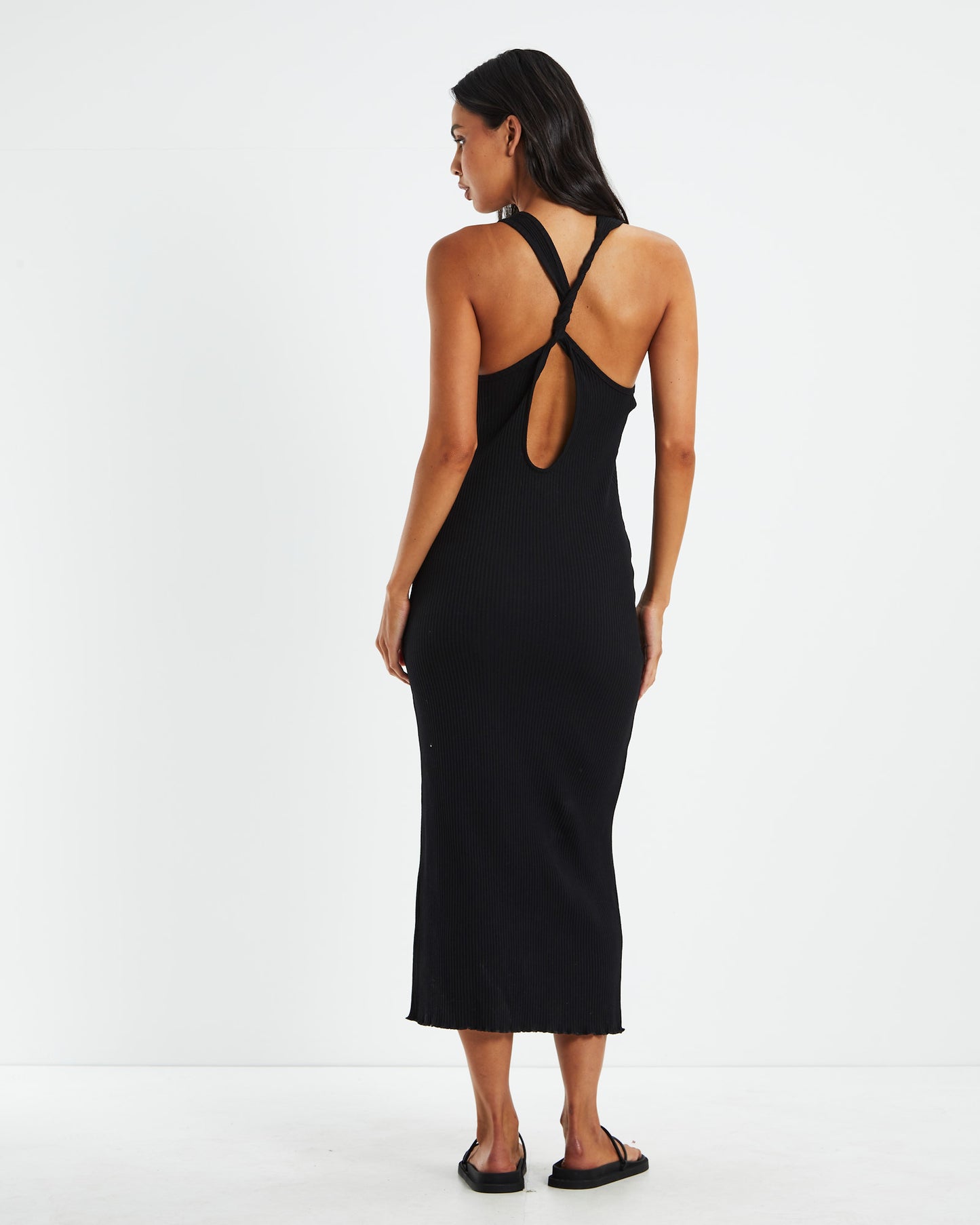 Reeta Ribbed Knit Twist Back Dress Black