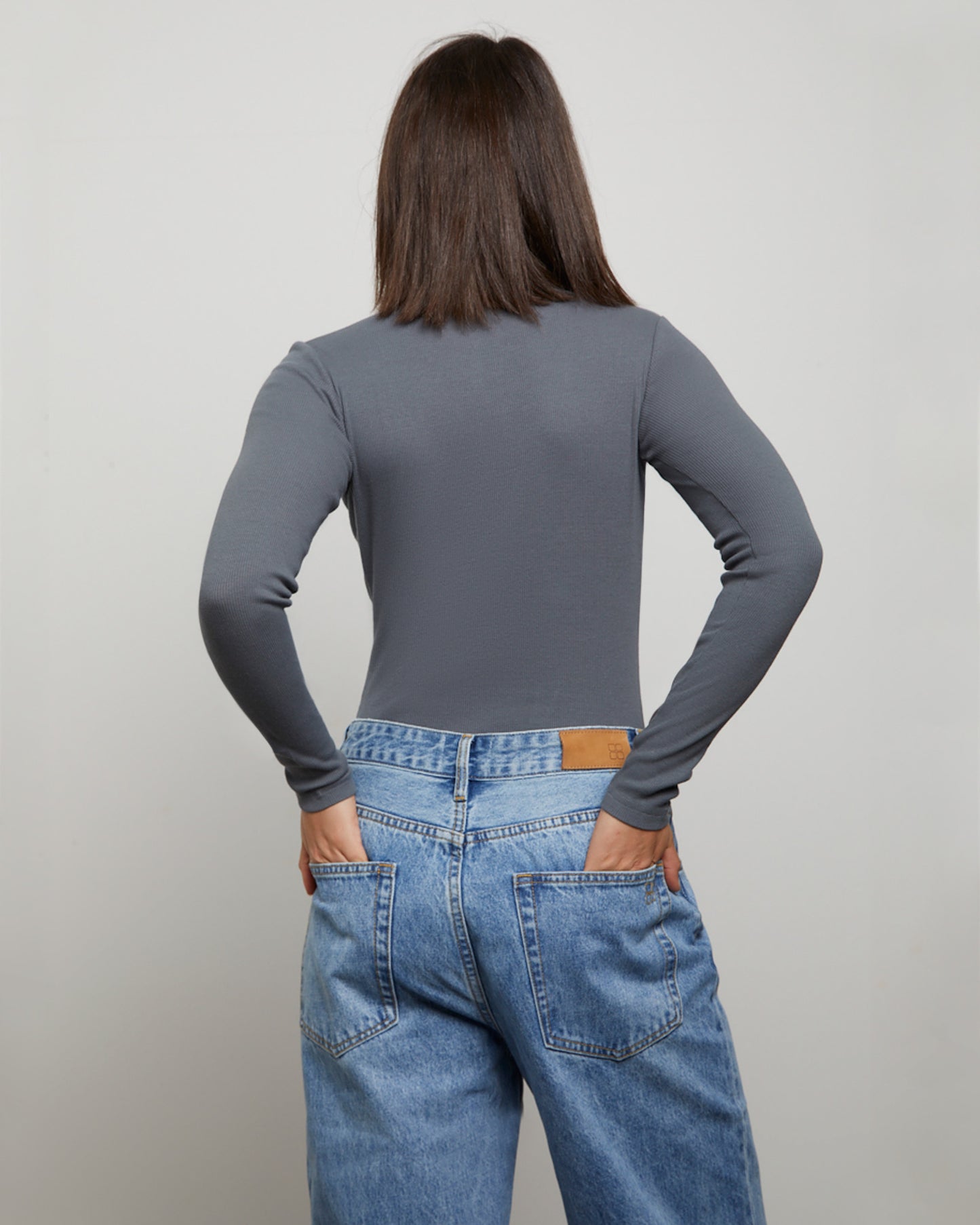 Button Front Long Sleeve Bodysuit in Slate Grey
