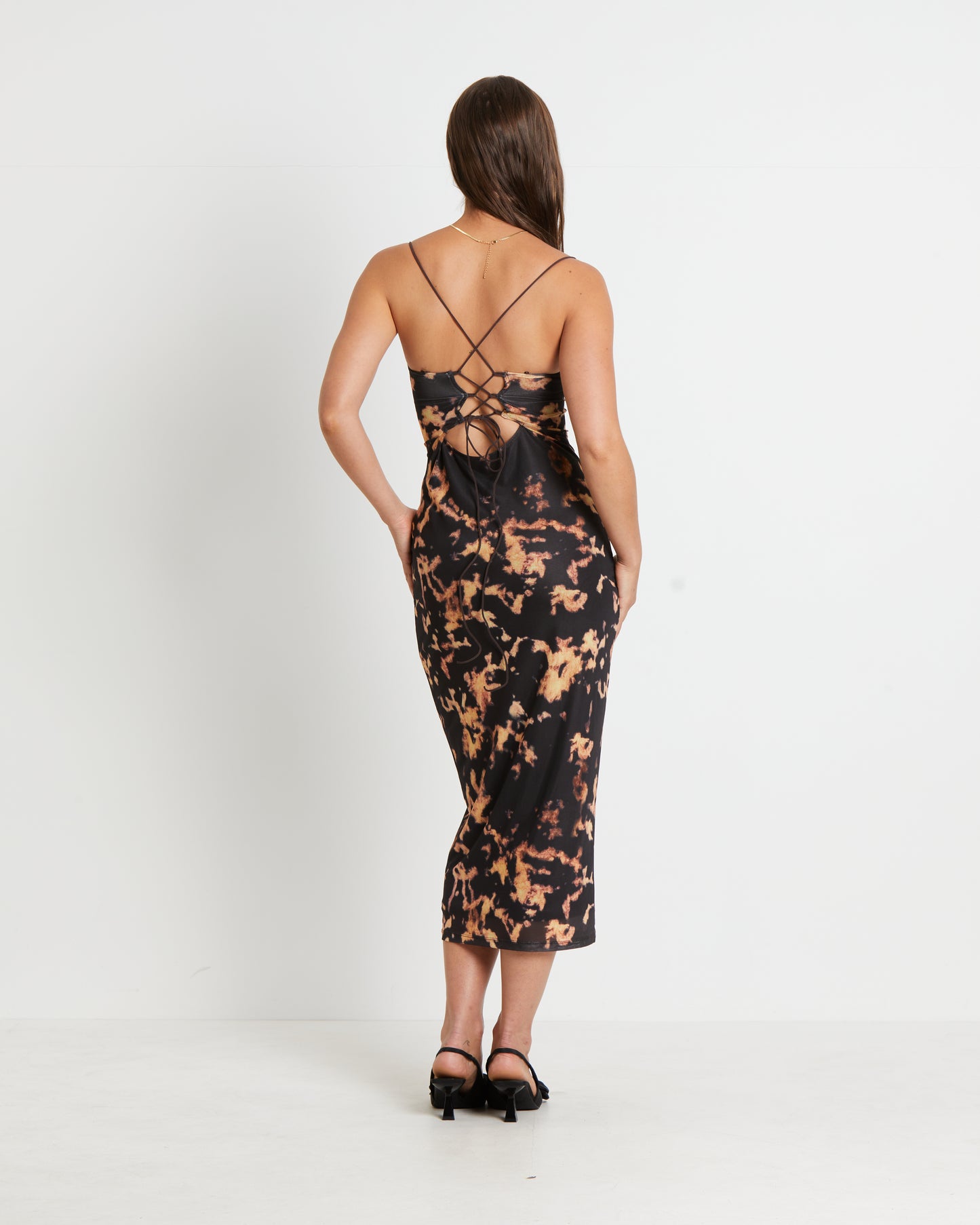 Carmen Dark Cloud Mesh Midi Dress in Brown