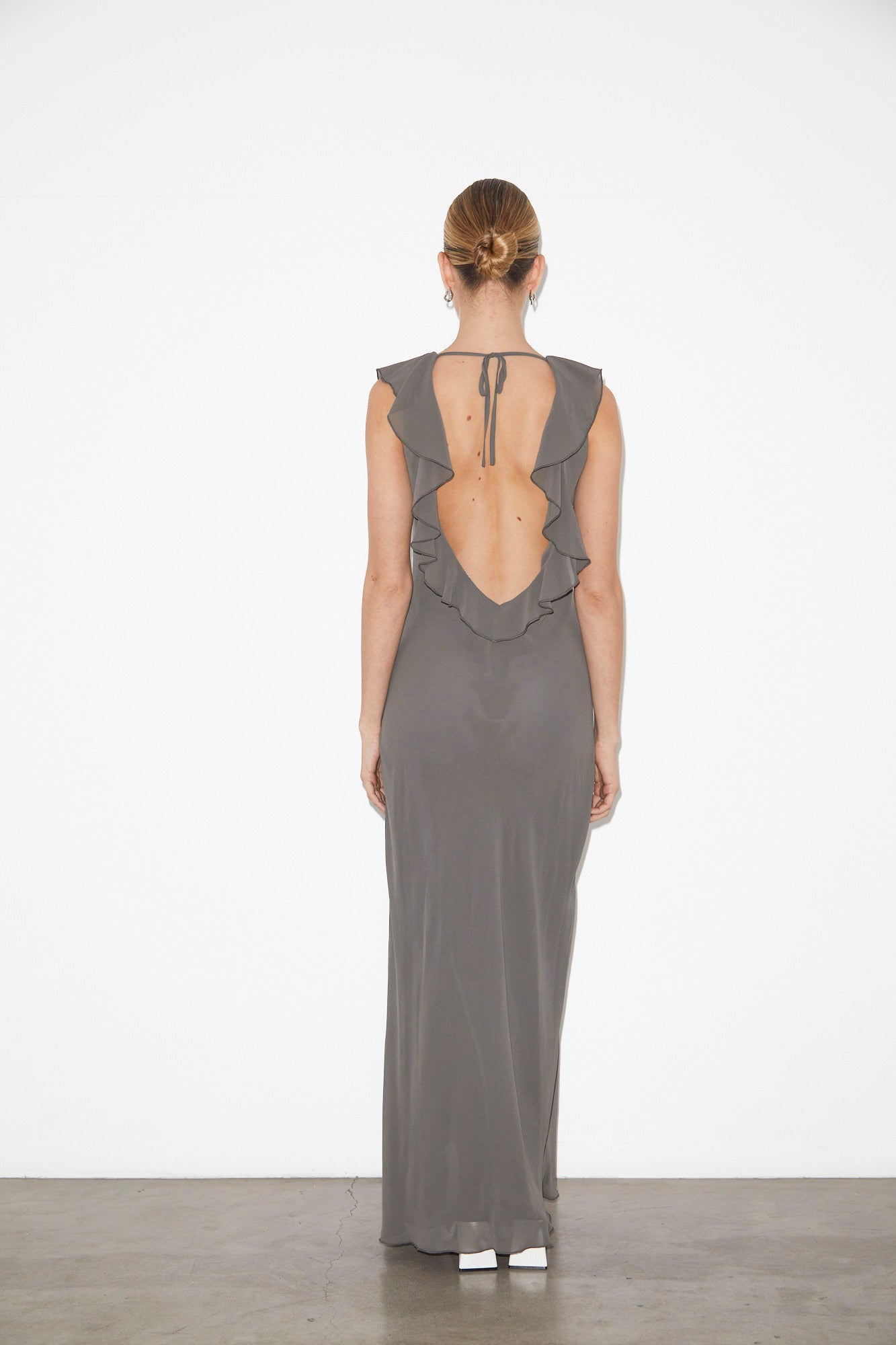 Marta Ruffle Sheer Maxi Dress in Charcoal