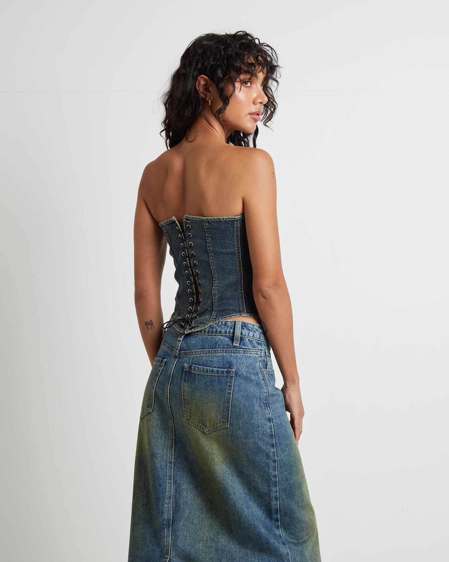 Taytum Hook + Eye Front Denim Corset in Vintage Tint