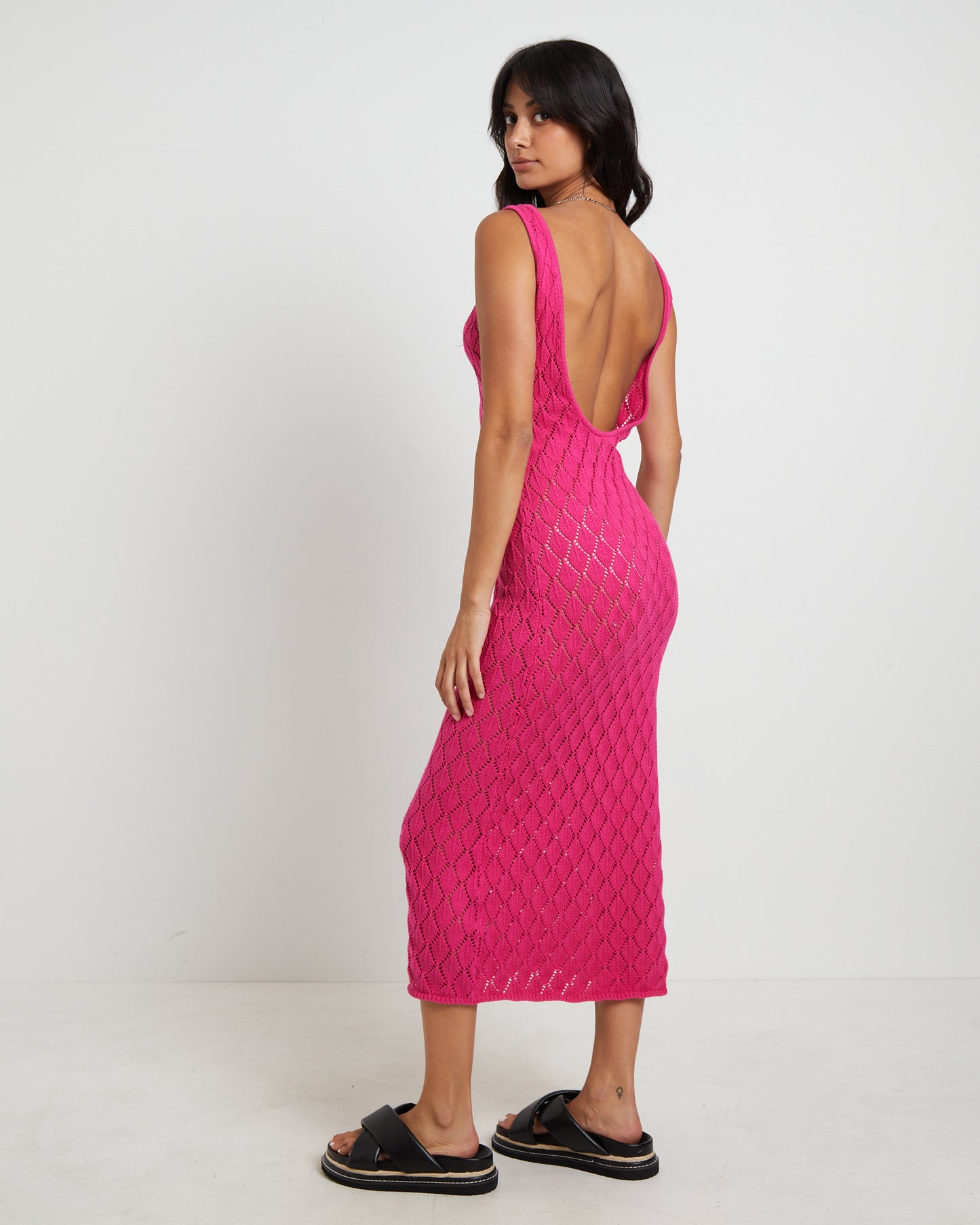 Bodie Crochet Midi Backless Dress in Pink