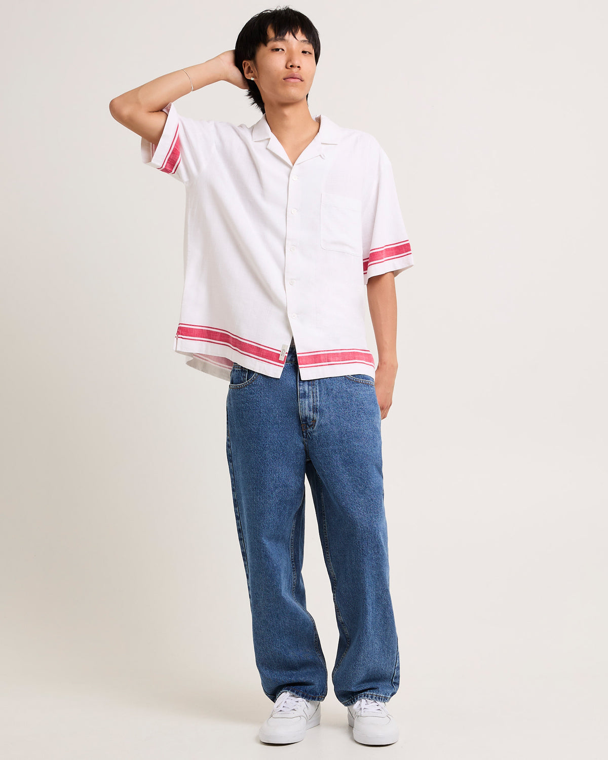 Border Linen Short Sleeve Resort Shirt WHITE