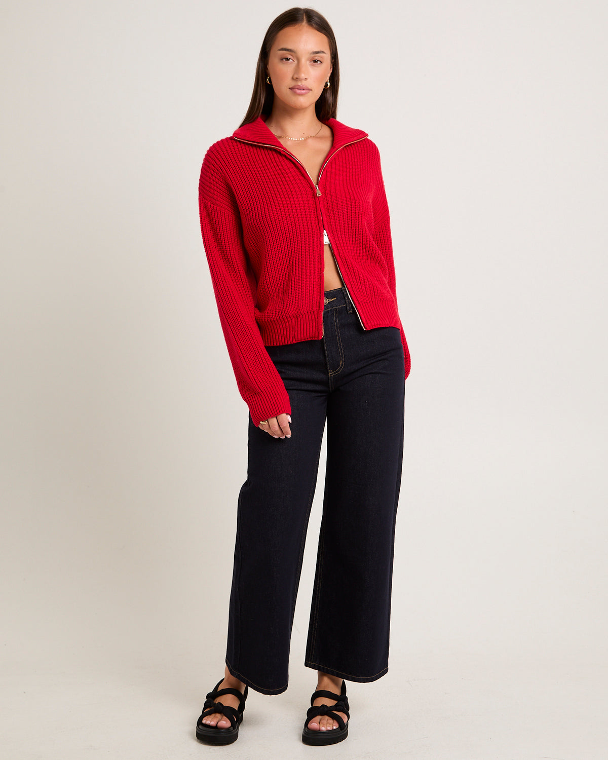 Ellie Double End Zip Longline Cardigan RED
