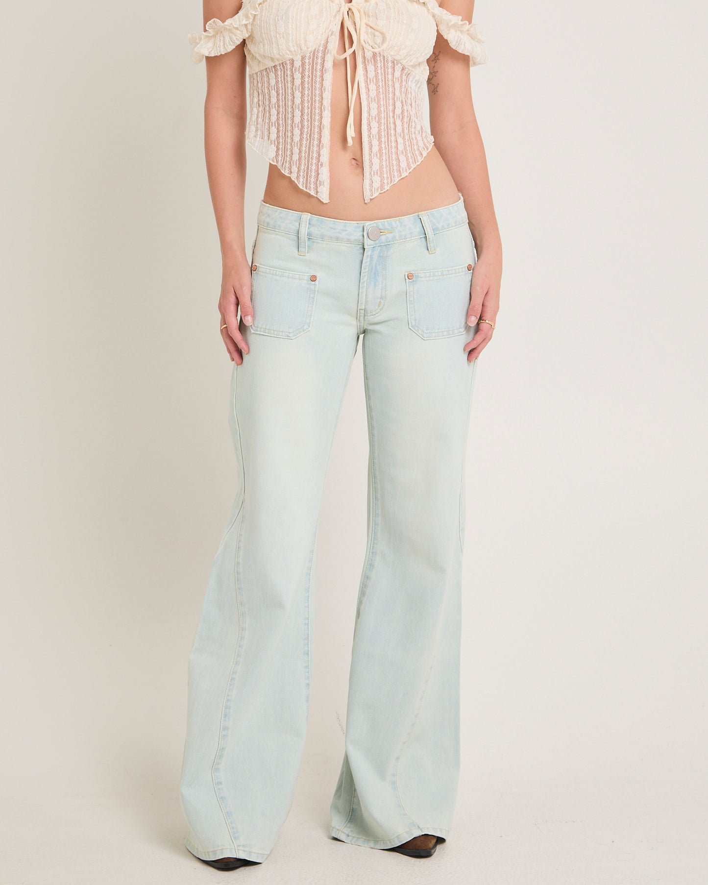 Johnnies Low Waist Wide Leg Flared Denim Jeans Le Surf