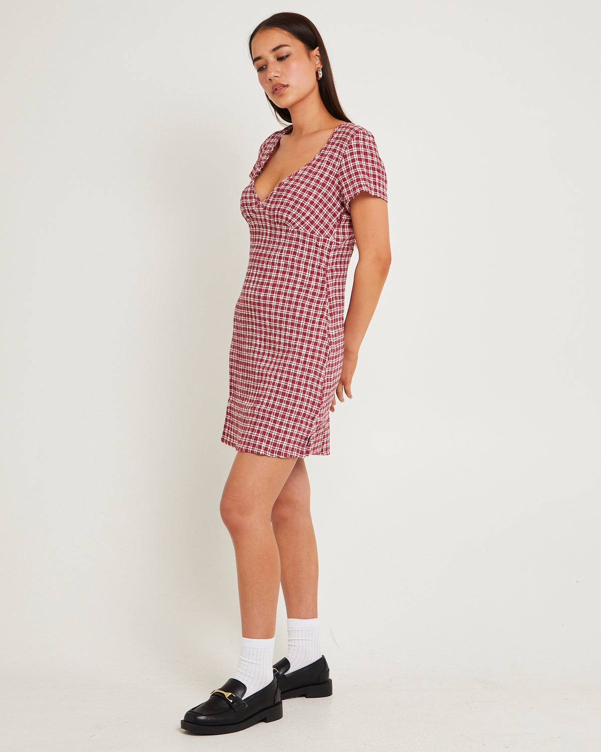 Base Seersucker Mini Dress BURGUNDY CHECK