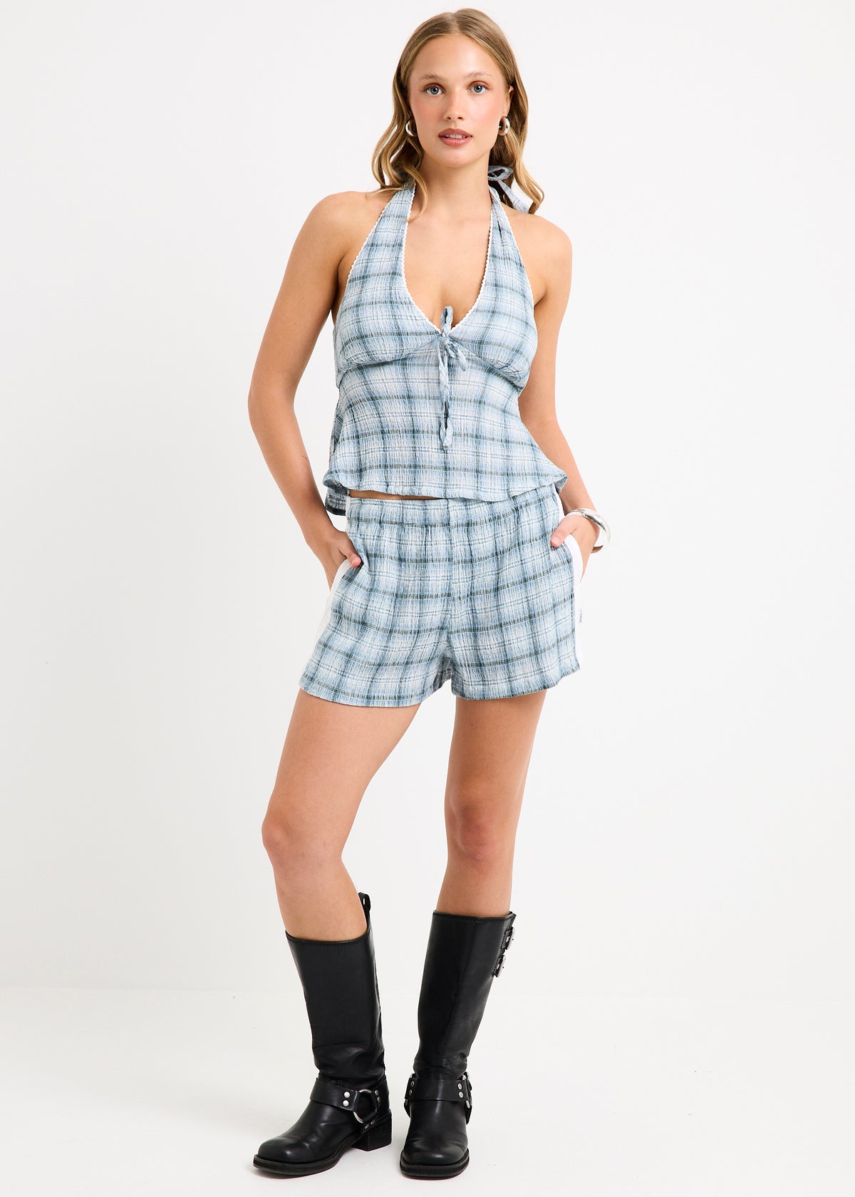 Lagoon Seersucker Halter Top OVERCAST CHECK