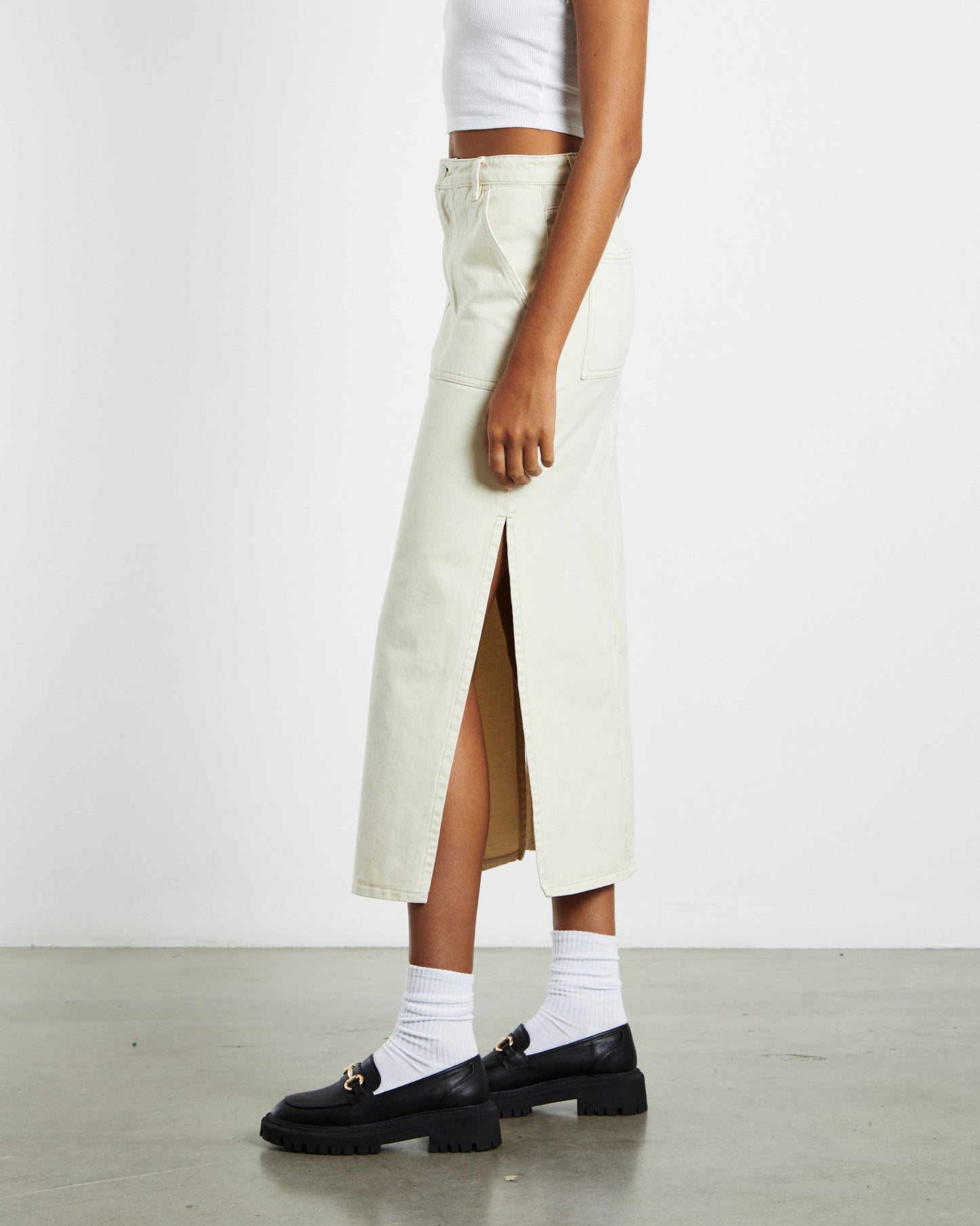 Claudia Denim Midi Skirt Sand White