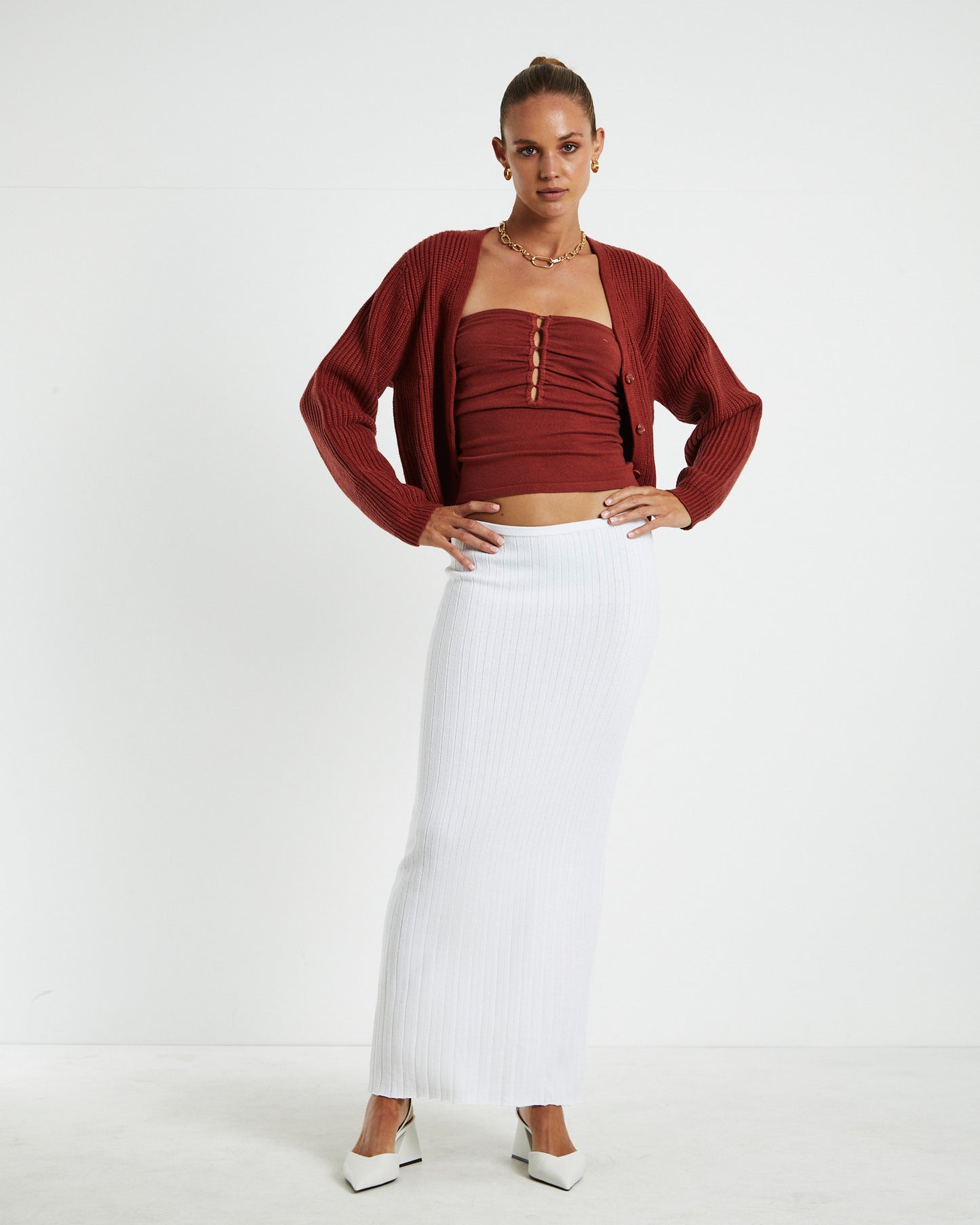 Tayla Texture Knit Midi Skirt Off White