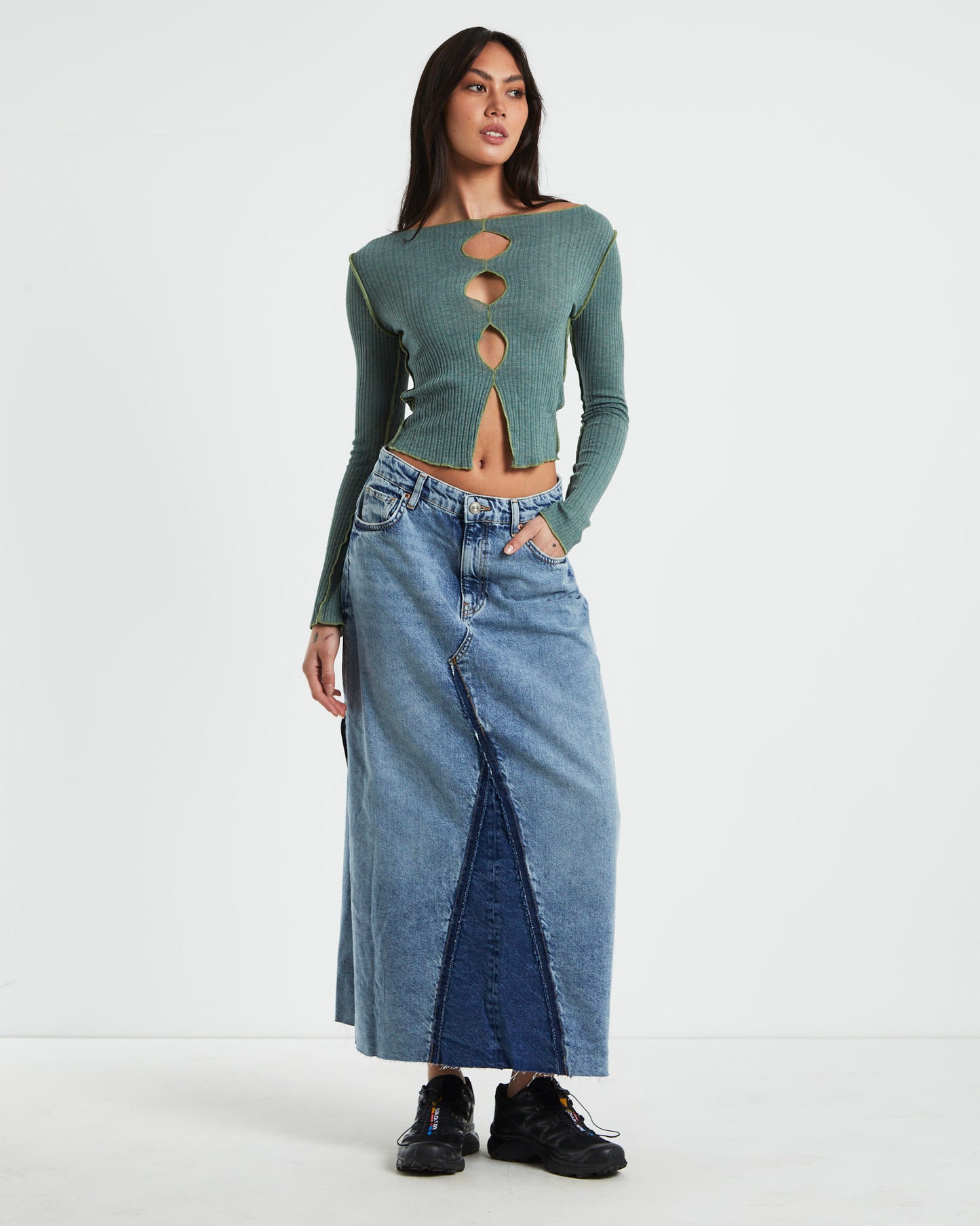BDG Cut Out Long Sleeve Top Green