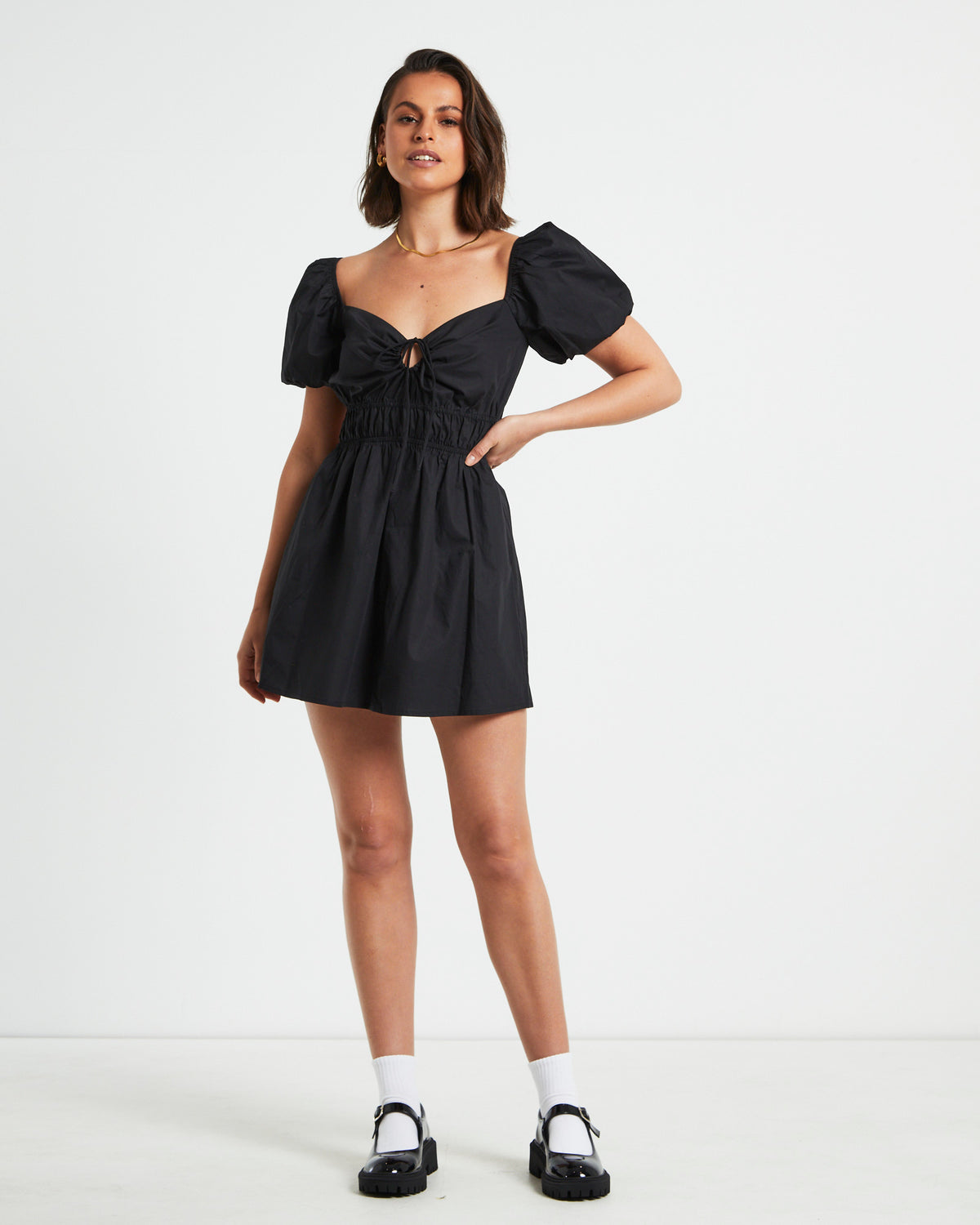 Rylee Backless Puff Sleeve Mini Dress in Black BLACK