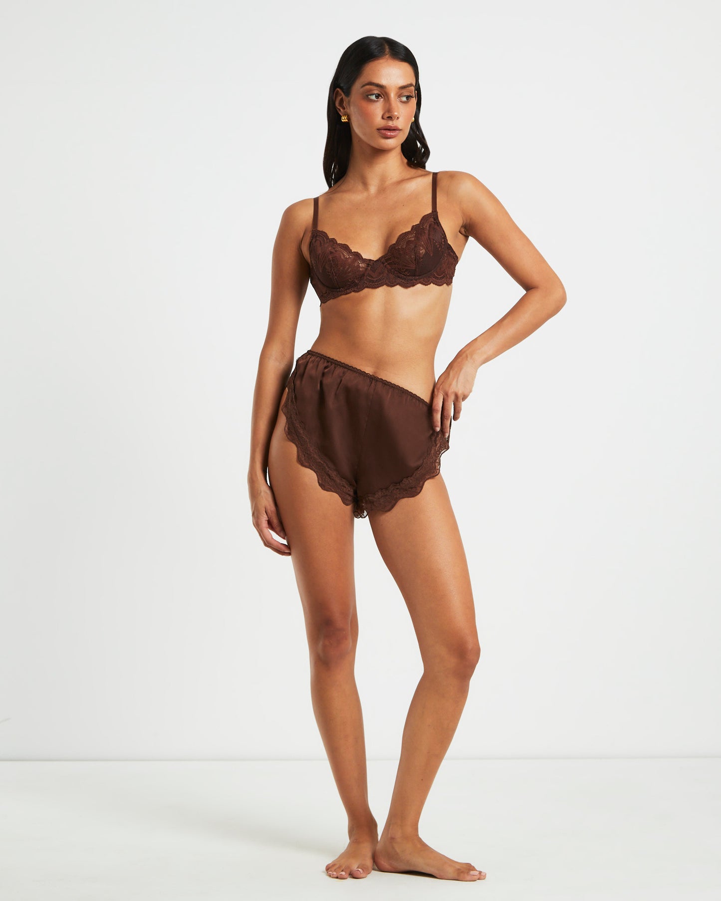 Exie Cheeky Runner Silky Shorts in Chocolate Brown