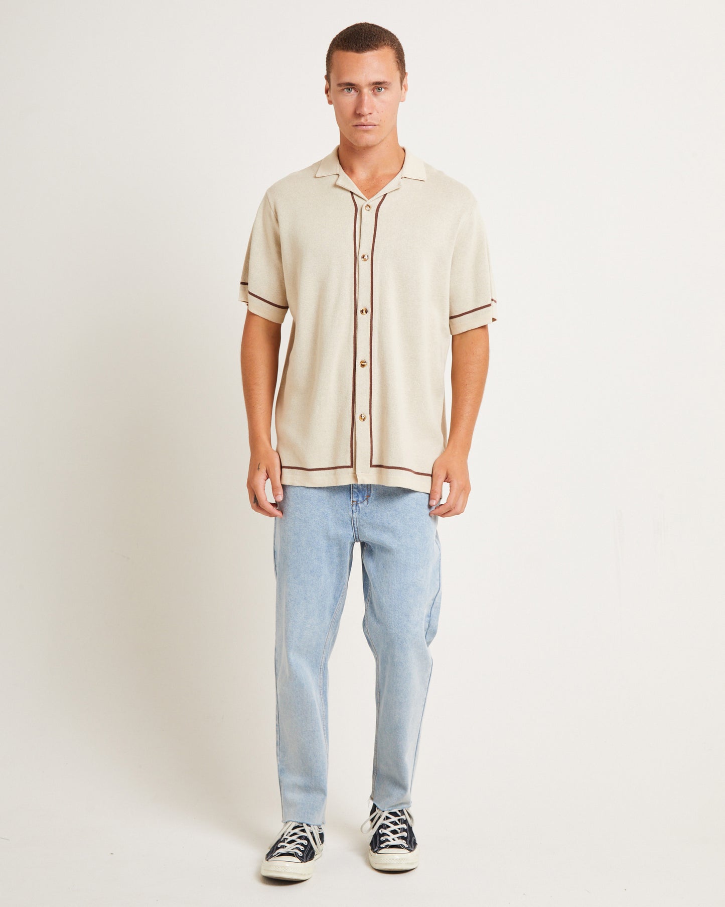 Knit Bowling Short Sleeve Shirt in Natural