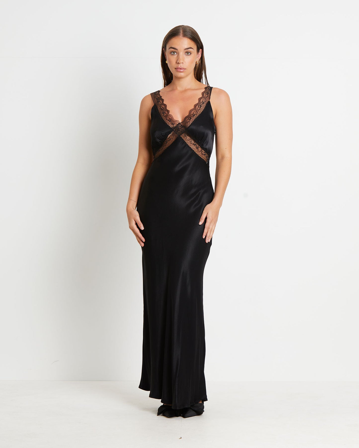 Everleigh Lace Slip Midi Dress in Black
