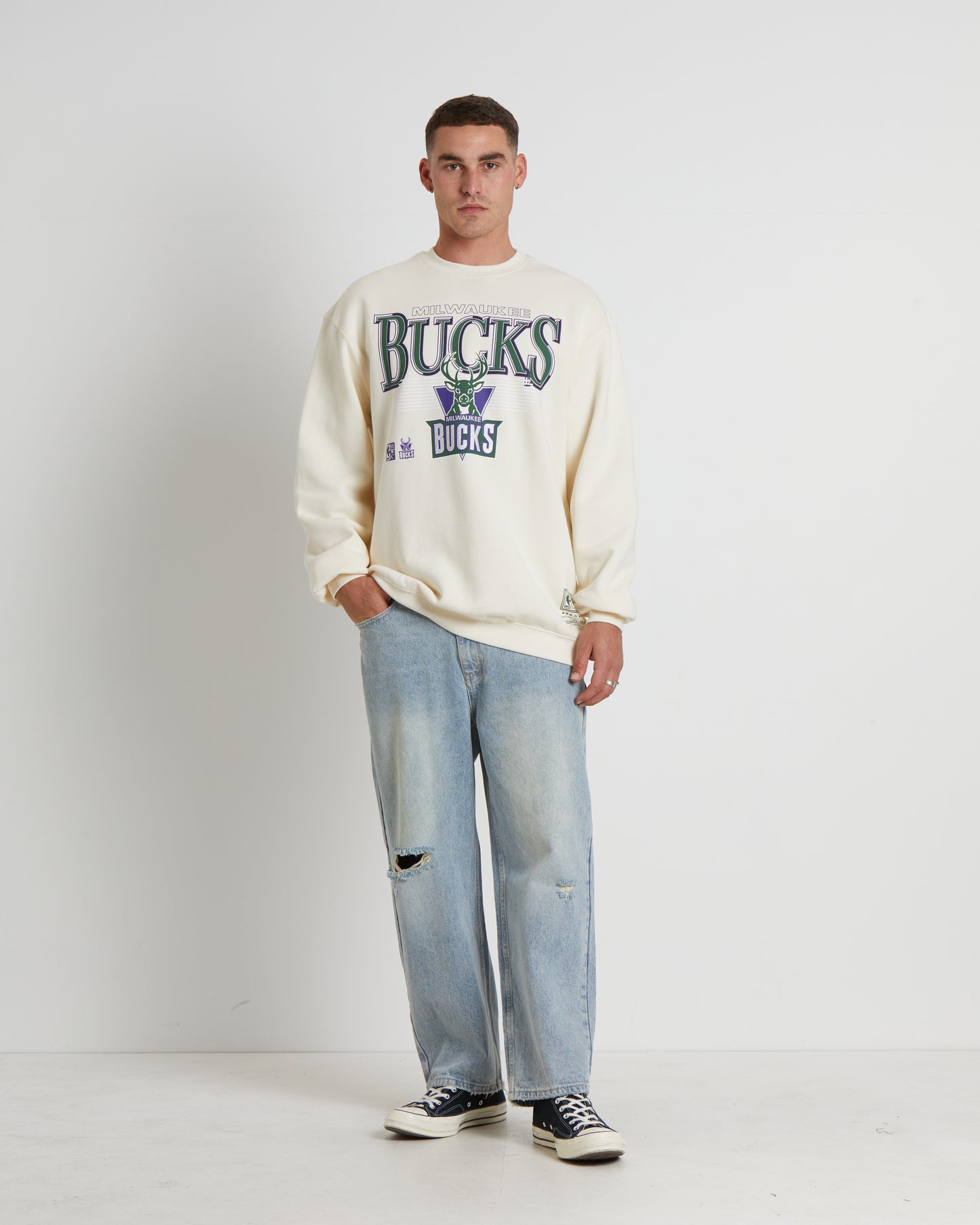 Underscore Milwaukee Bucks Crewneck Jumper in Unbleached White